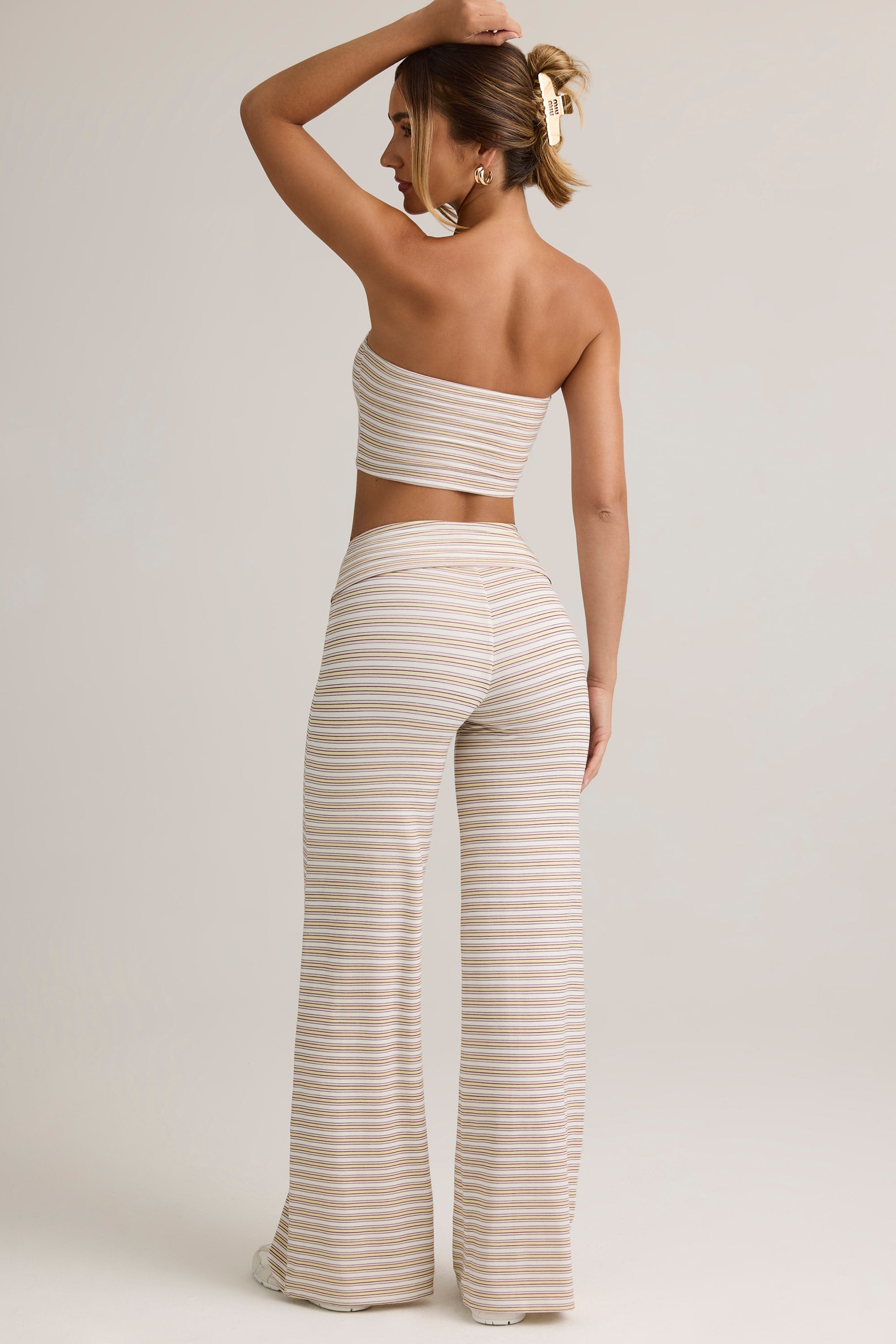Melida Modal Foldover Wide-Leg Trousers in Pink & Yellow Stripe