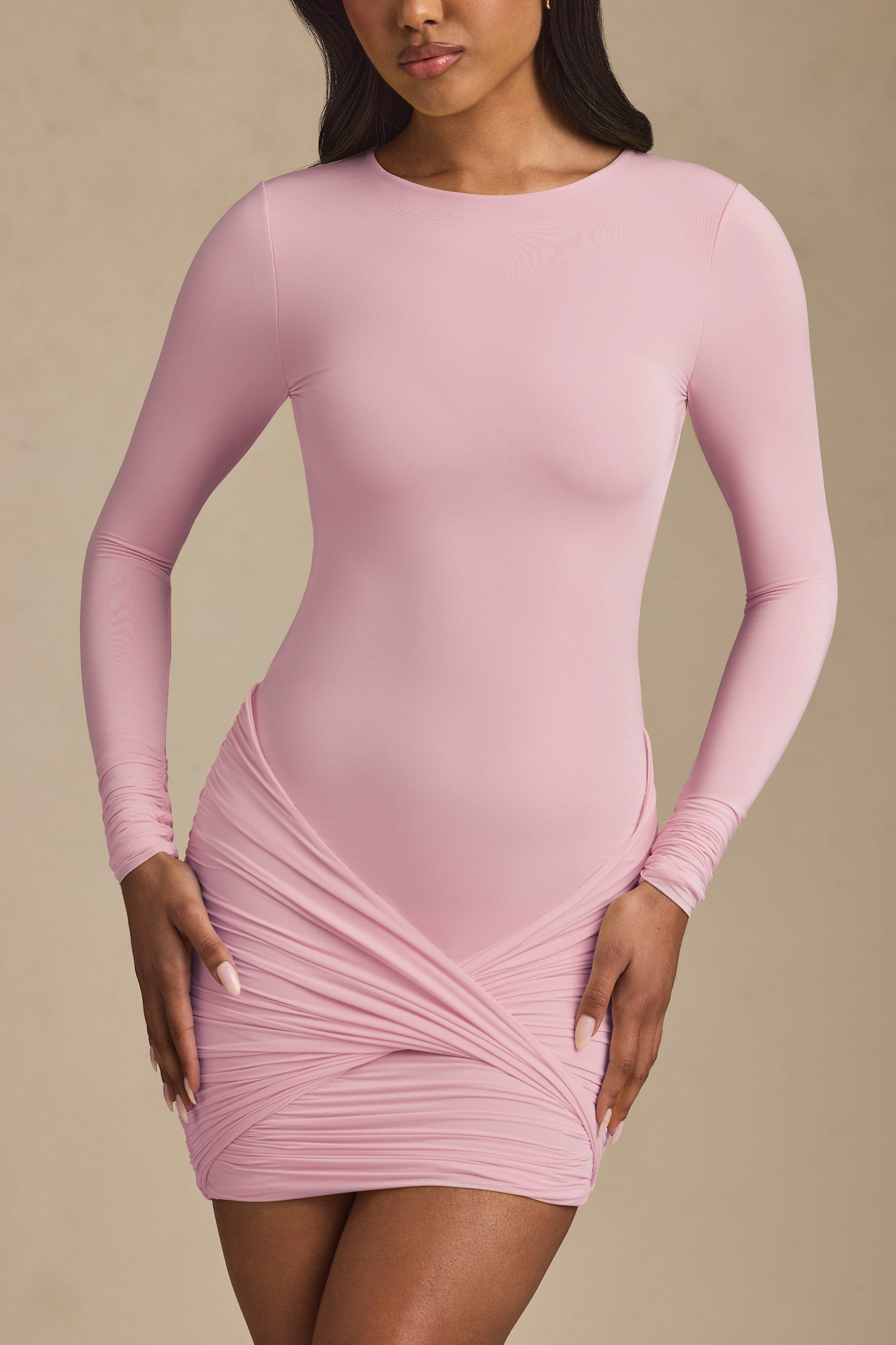 Mira Twist-Front Ruched Backless Mini Dress in Soft Pink | Oh Polly