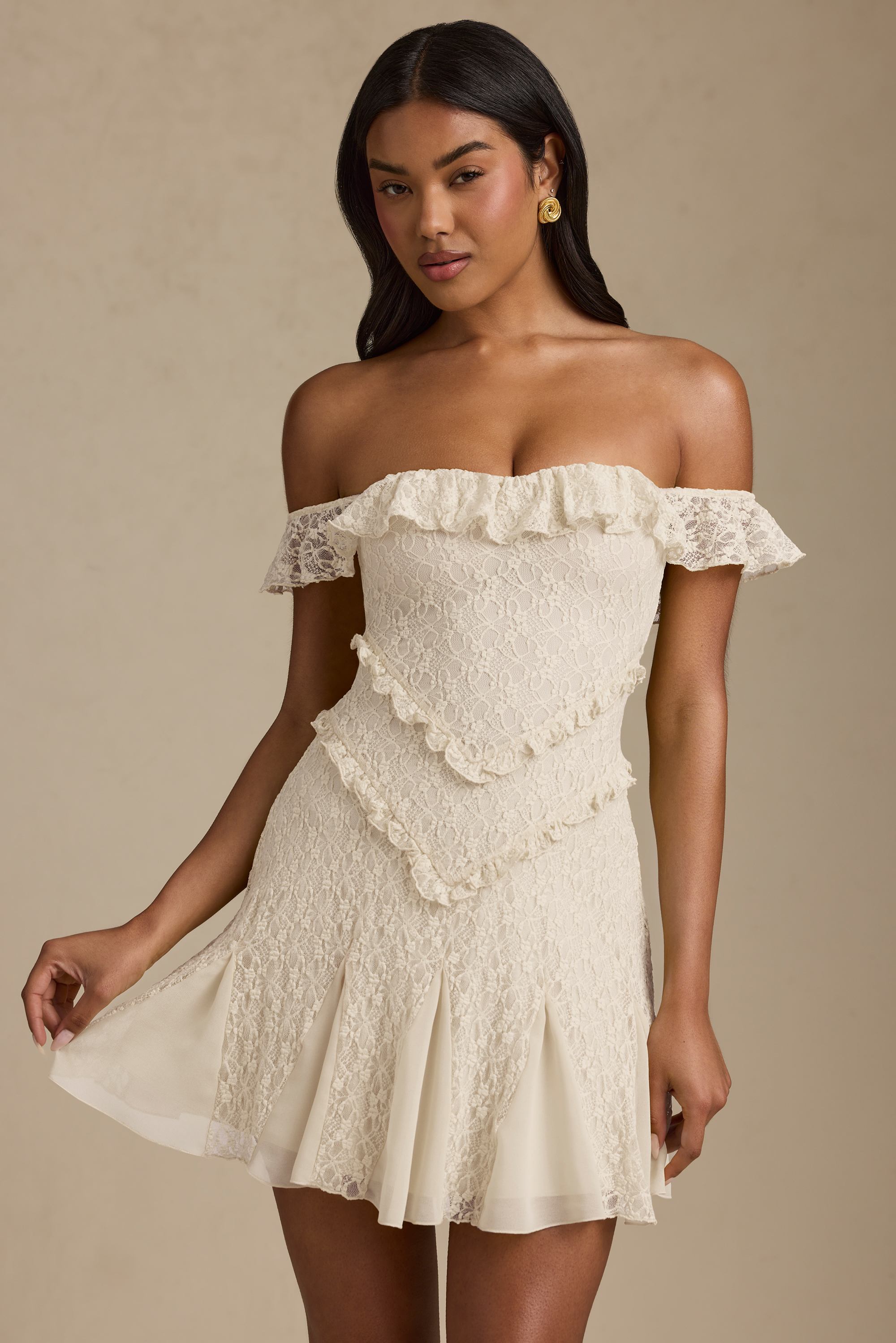 Nahida Off-Shoulder Lace A-Line Mini Dress in Ivory | Oh Polly