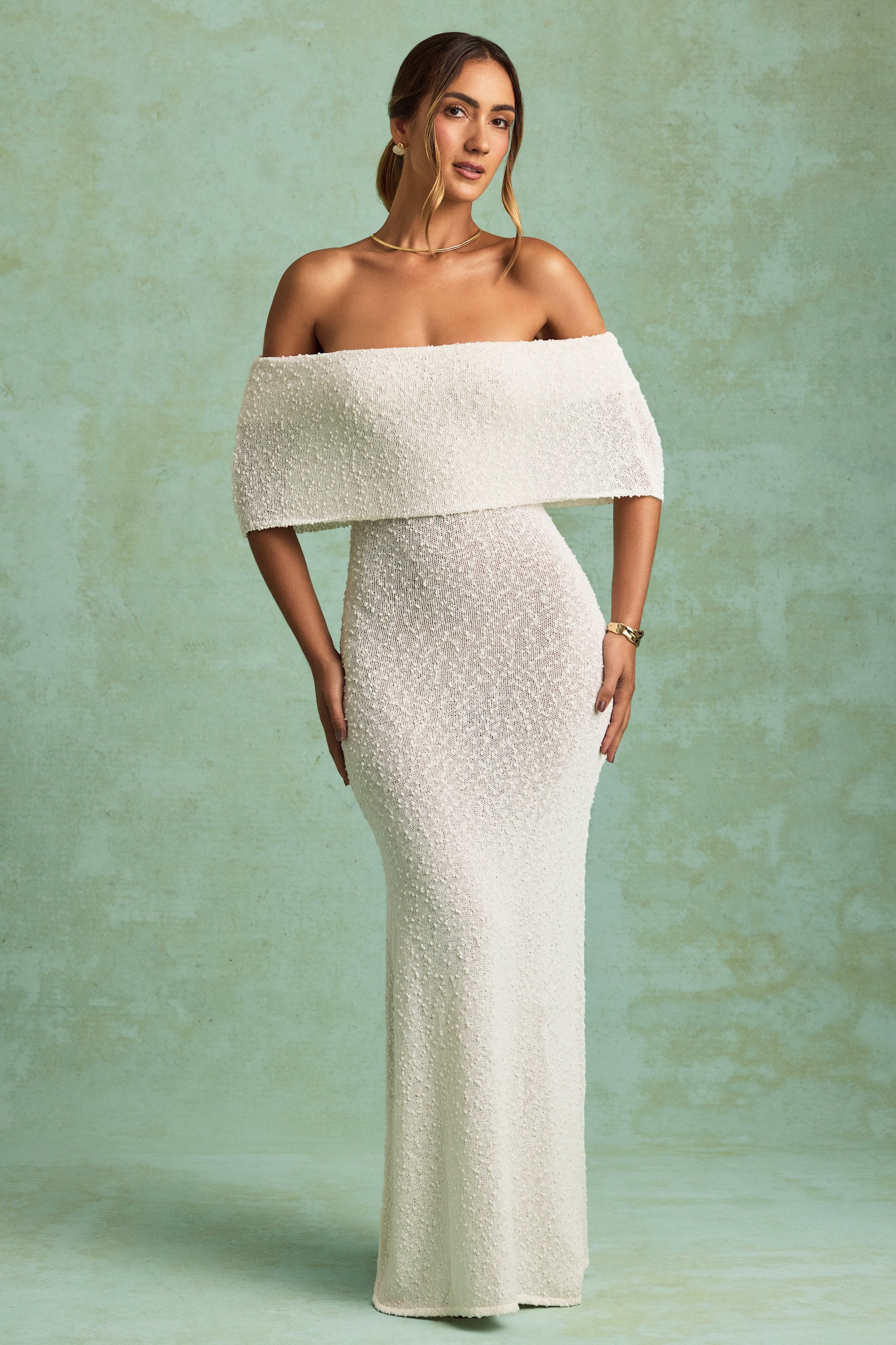 white maxi off shoulder dress MARILYN LACE MIXED TULLE | CULT MIA up back with a cowl design and a velvet Exclusive Invite Off Shoulder Maxi