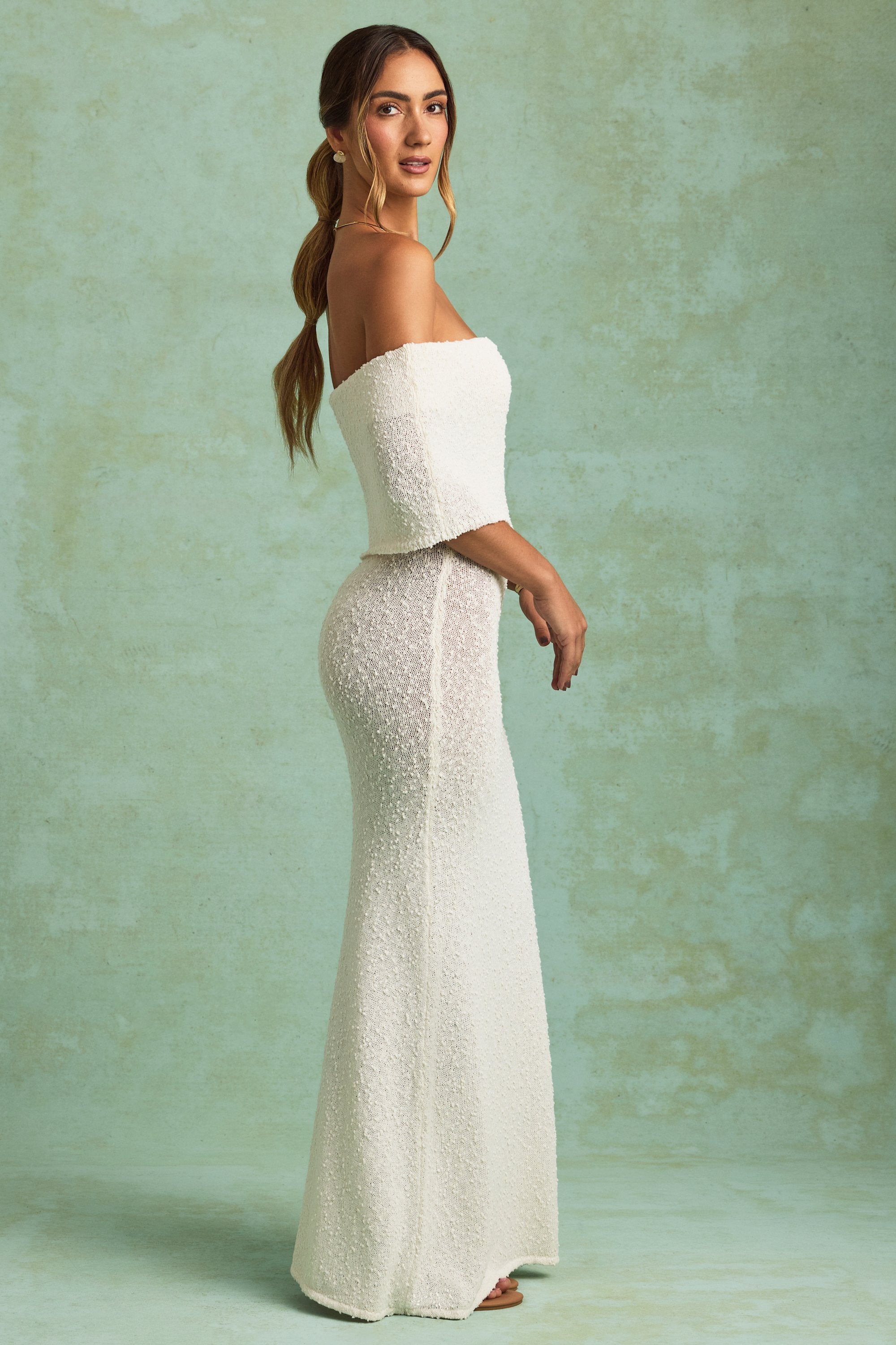 white lace off shoulder maxi dress Bouclé Off-Shoulder Maxi Dress in White - XS