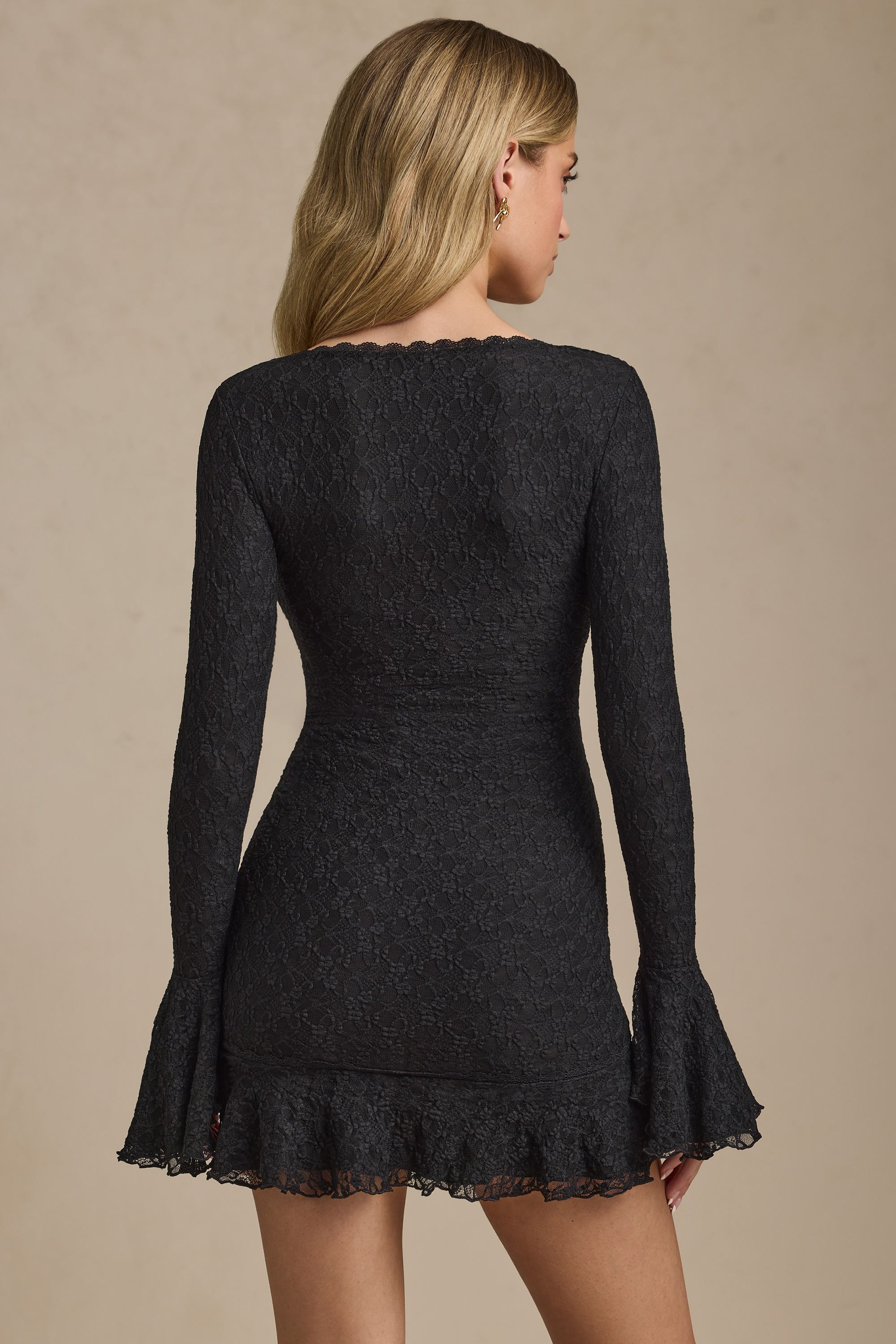 Long-Sleeve Ruffled Lace Mini Dress in Black - XS | Oh Polly Long-Sleeve Ruffled Lace Mini Dress in Black - XS | Oh Polly