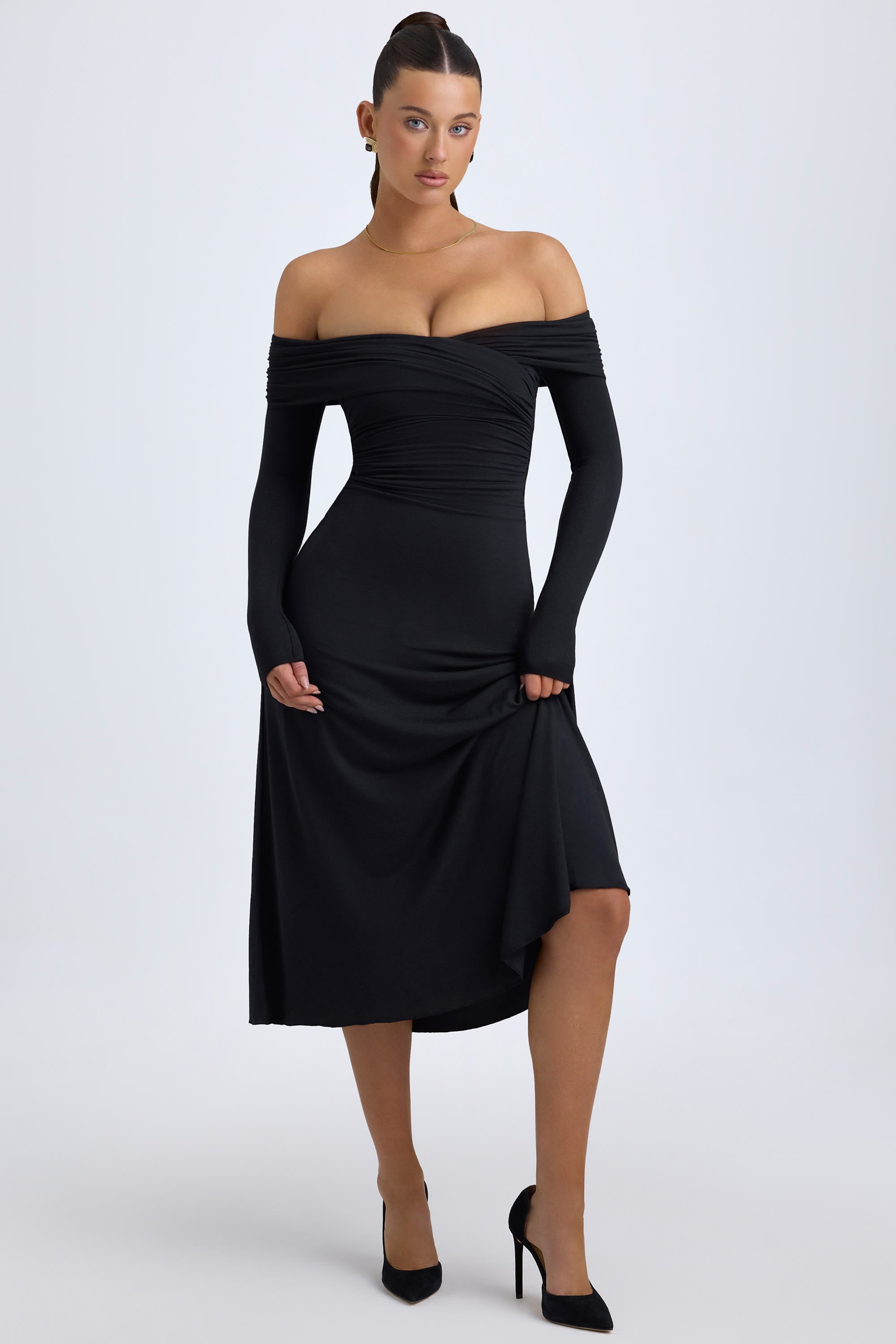 Modal Off-Shoulder Ruched Midaxi Dress in Black - S | Oh Polly Modal Off-Shoulder Ruched Midaxi Dress in Black - S | Oh Polly