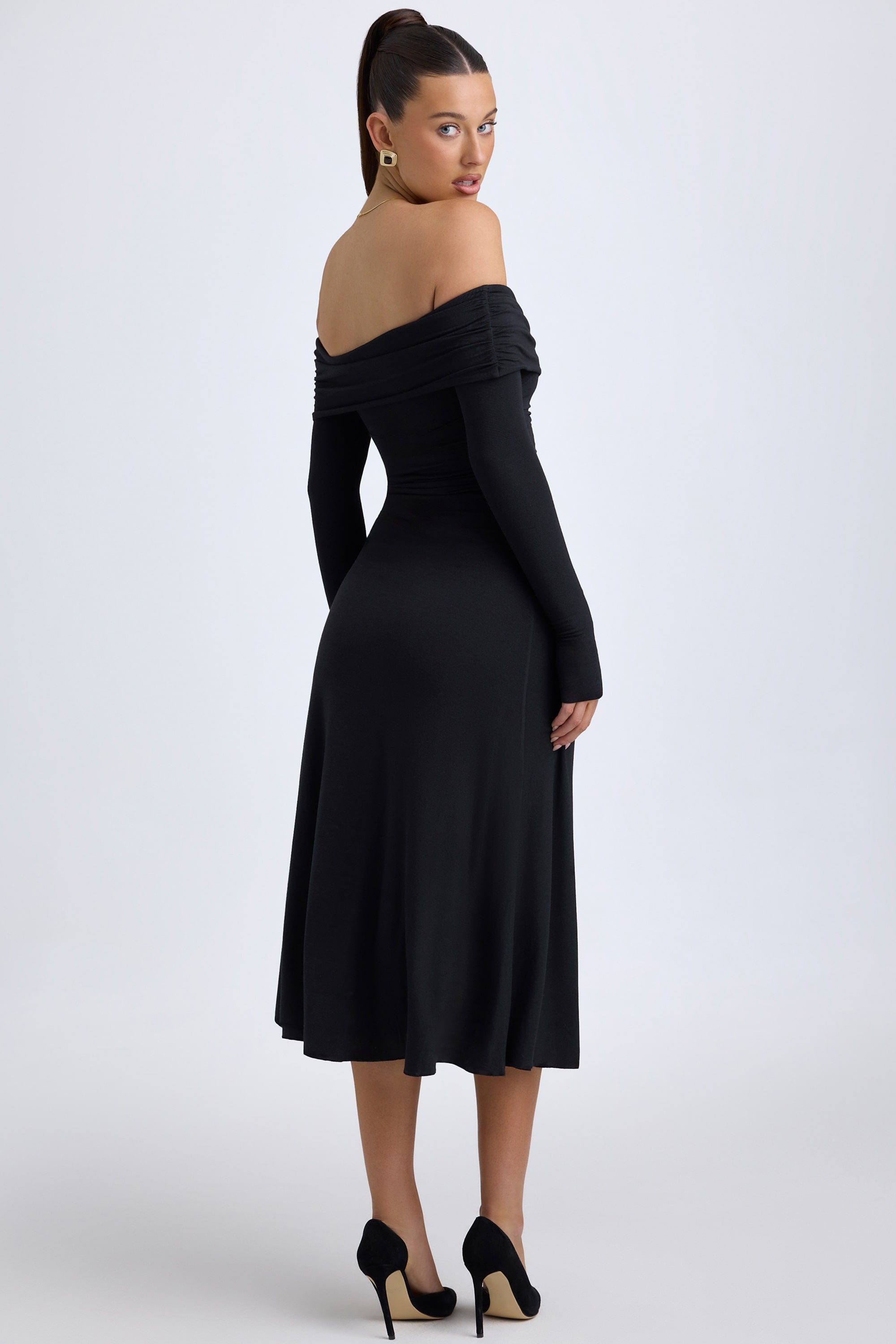 Noelle Modal Off-Shoulder Ruched Midaxi Dress in Black | Oh Polly