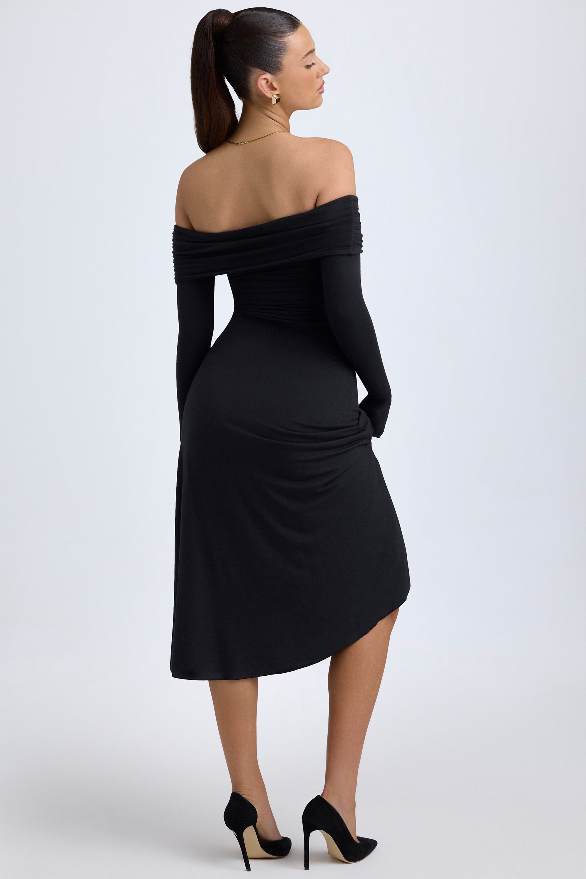 Noelle Modal Off-Shoulder Ruched Midaxi Dress in Black | Oh Polly