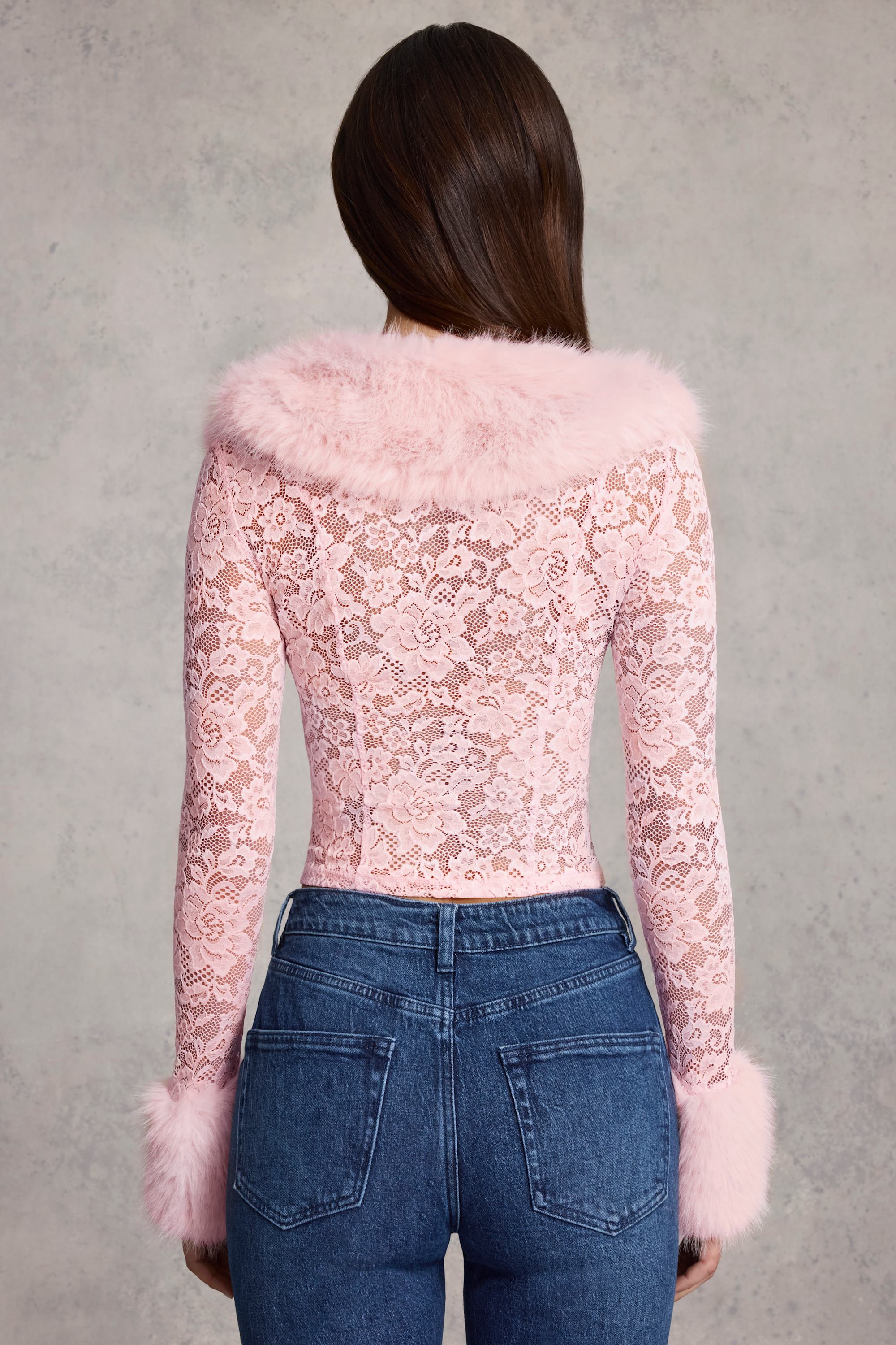 Noemy Faux Fur-Trim Lace Cardigan in Pink | Oh Polly