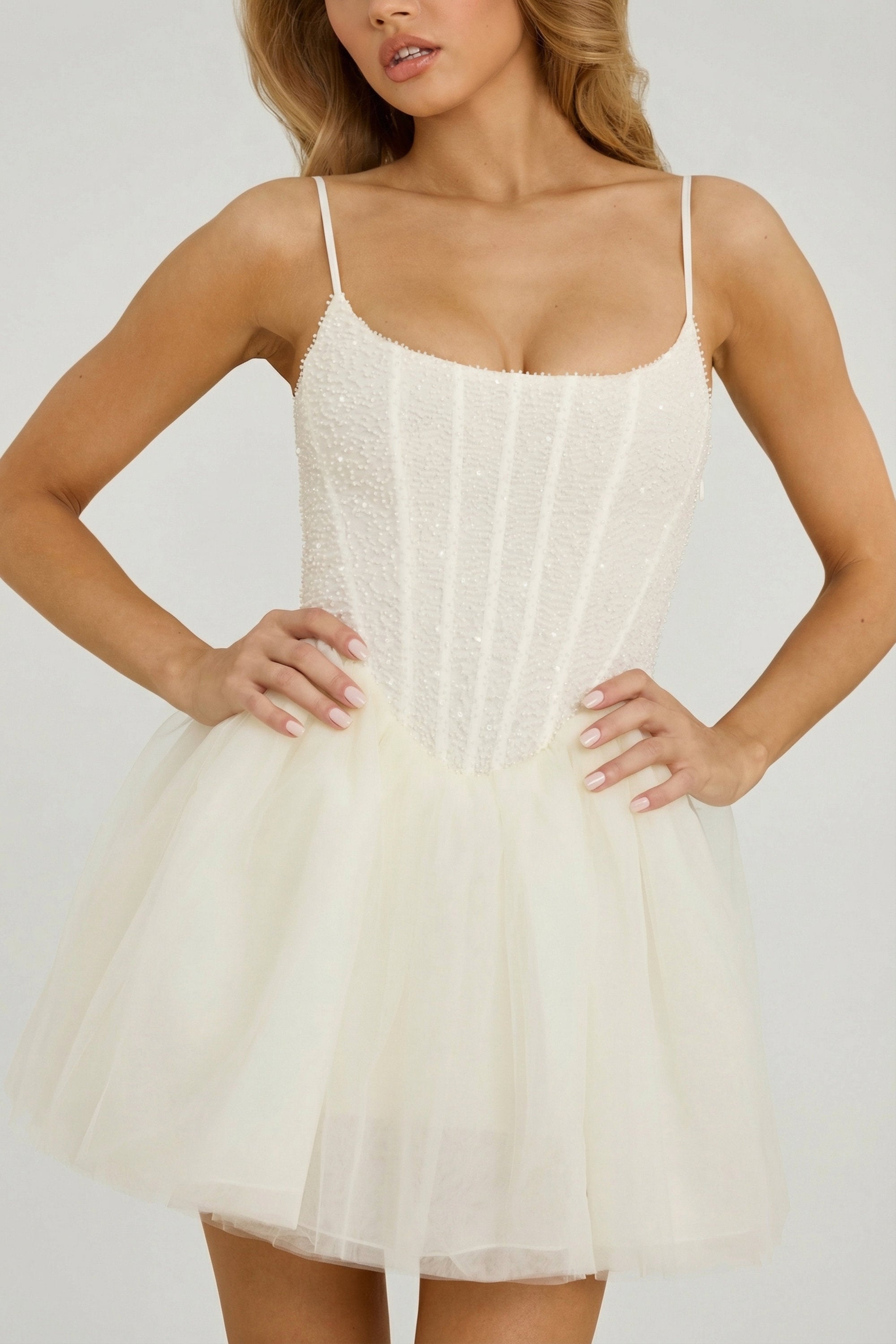 Embellished Corset Tulle Skirt Mini Dress in White - 6
