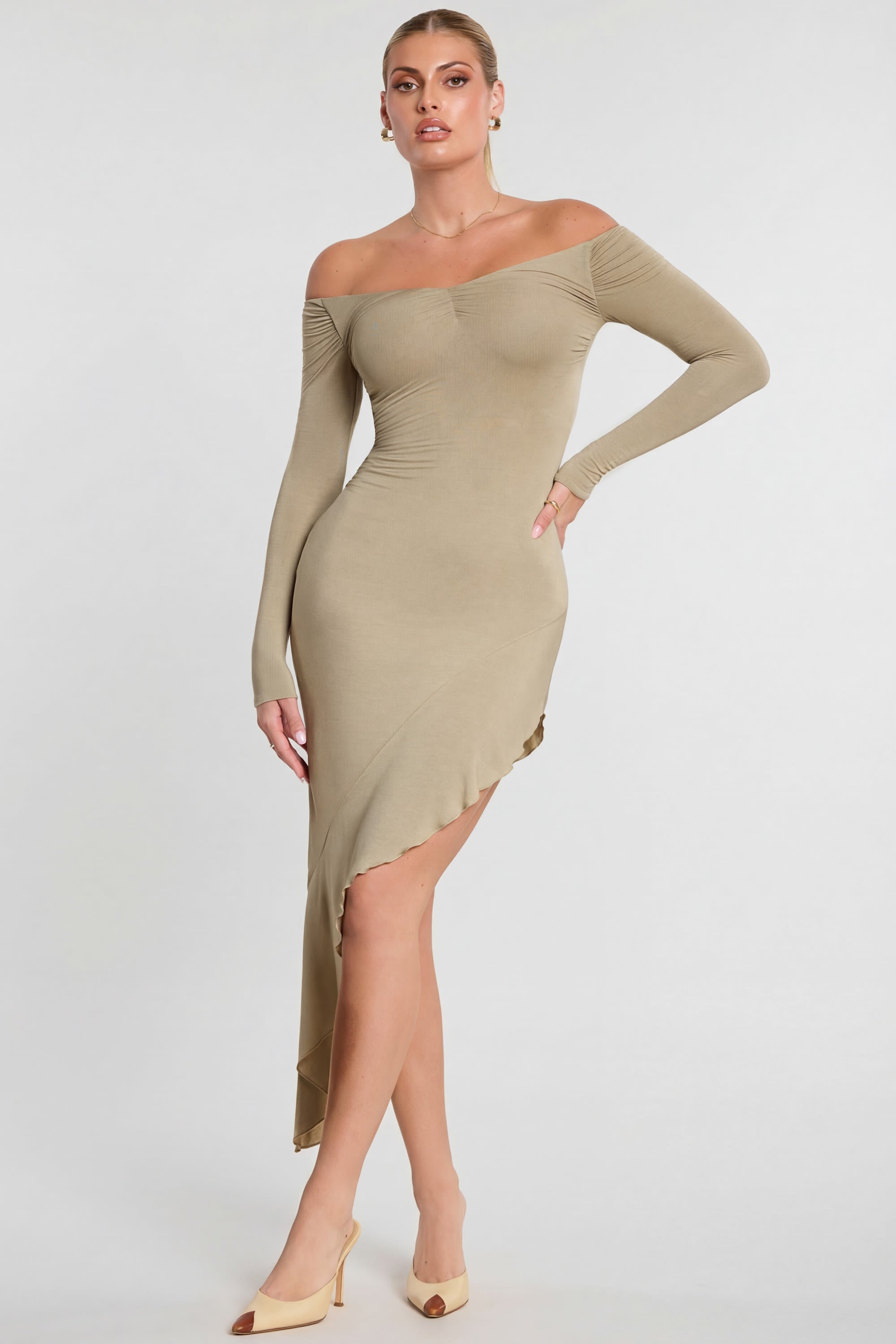 Long Sleeve Off-The-Shoulder Modal Cashmere Blend Maxi Dress in Taupe - 2 | Oh Polly Long Sleeve Off-The-Shoulder Modal Cashmere Blend Maxi Dress in Taupe - 2 | Oh Polly