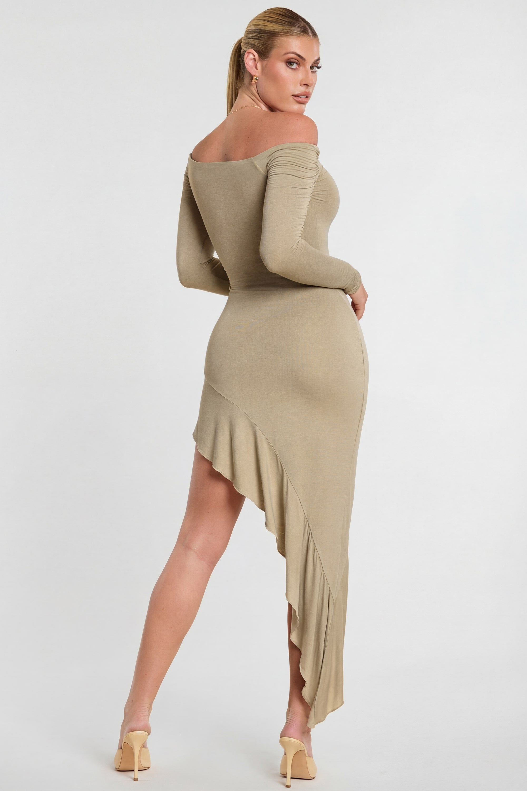 Long Sleeve Off-The-Shoulder Modal Cashmere Blend Maxi Dress in Taupe - 2