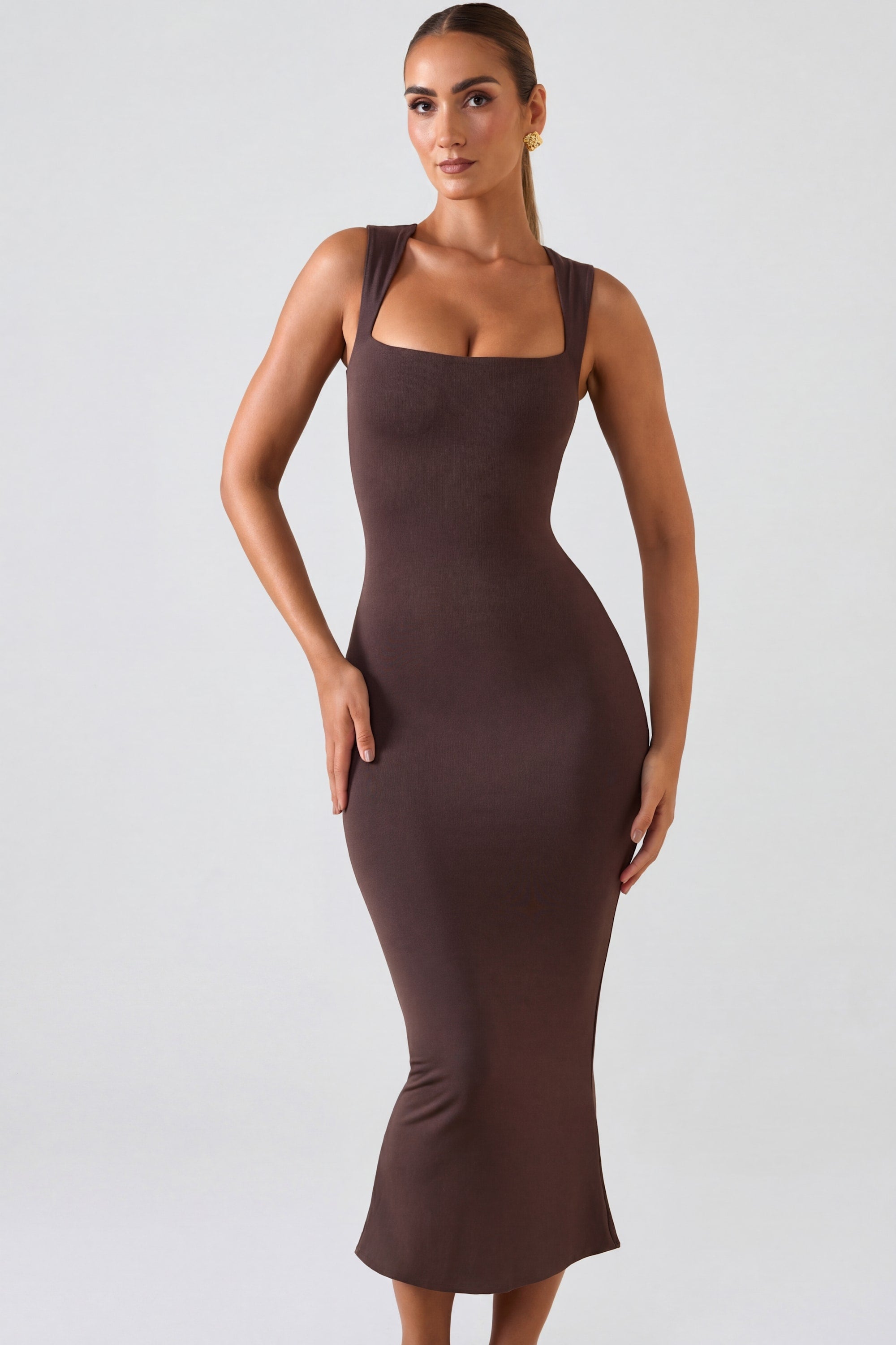 Ainslee Modal Square-Neck Midi Dress in Chocolate Brown