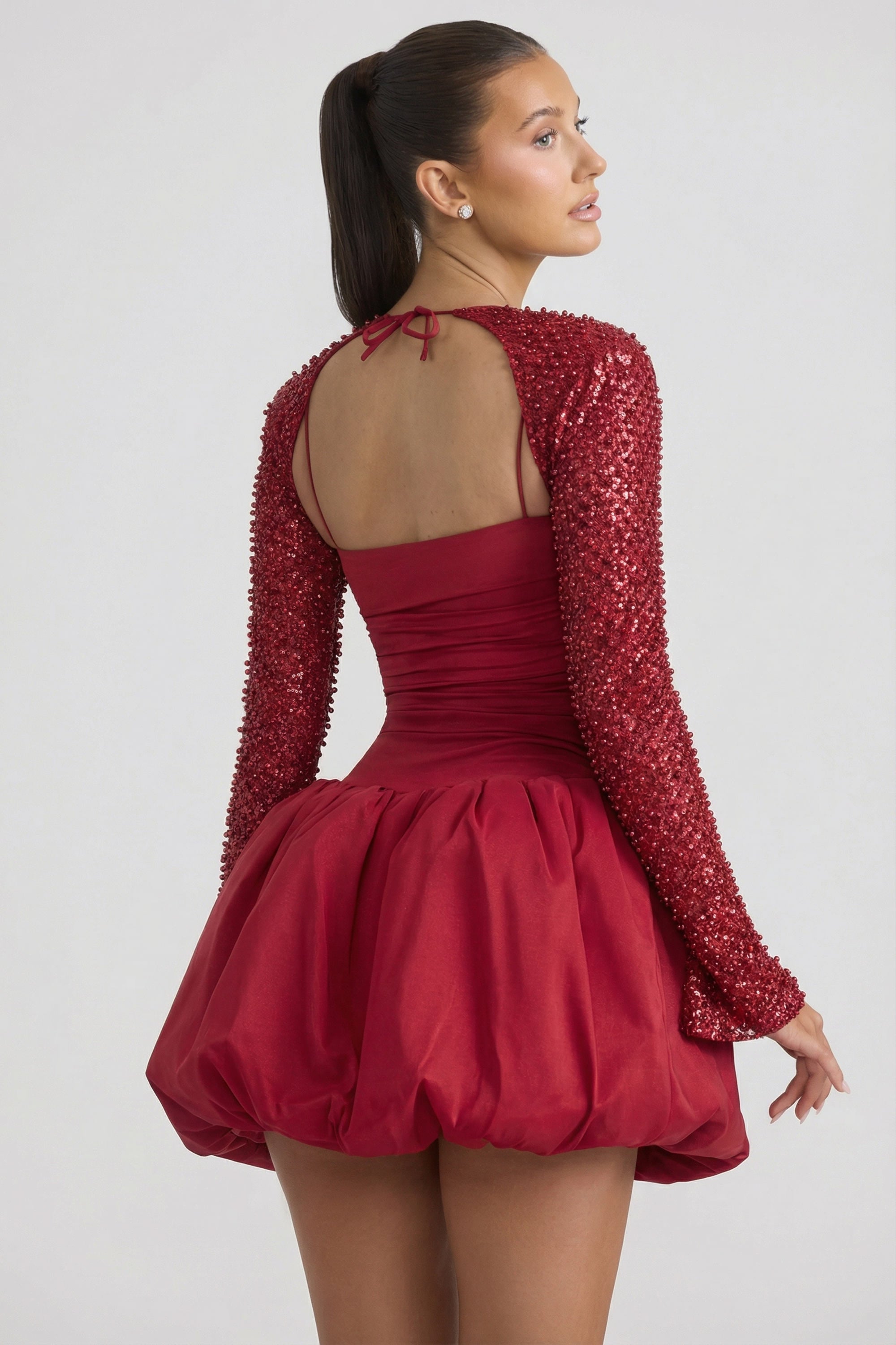 Aletta Embellished Bubble Hem Mini Dress in Red | Oh Polly