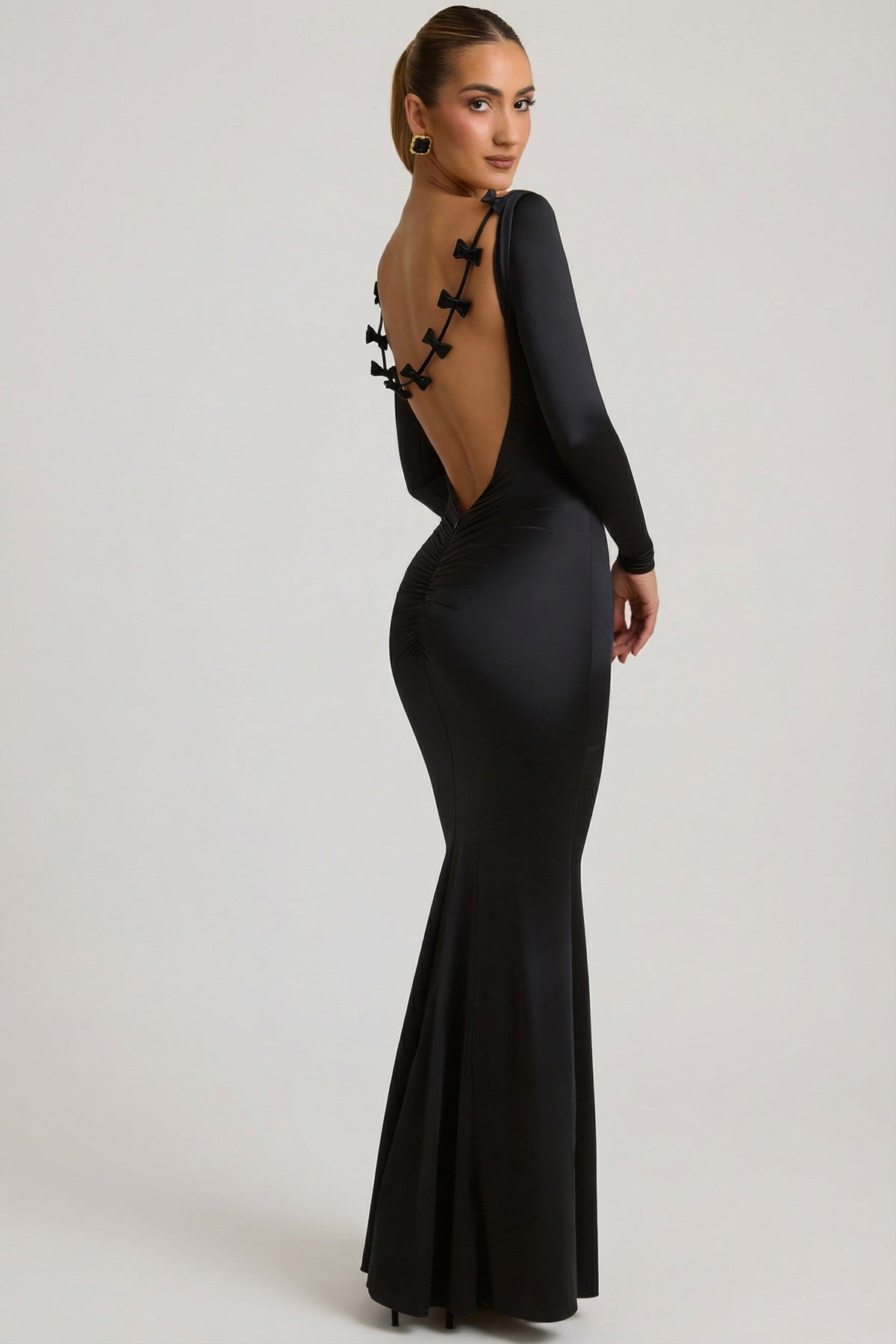 bow backless dress Alila Bow-Detail Ruched Maxi in Black Sleeve Nordstrom Black Tie bridesmaid-dresses Club Material Color:Black Oak