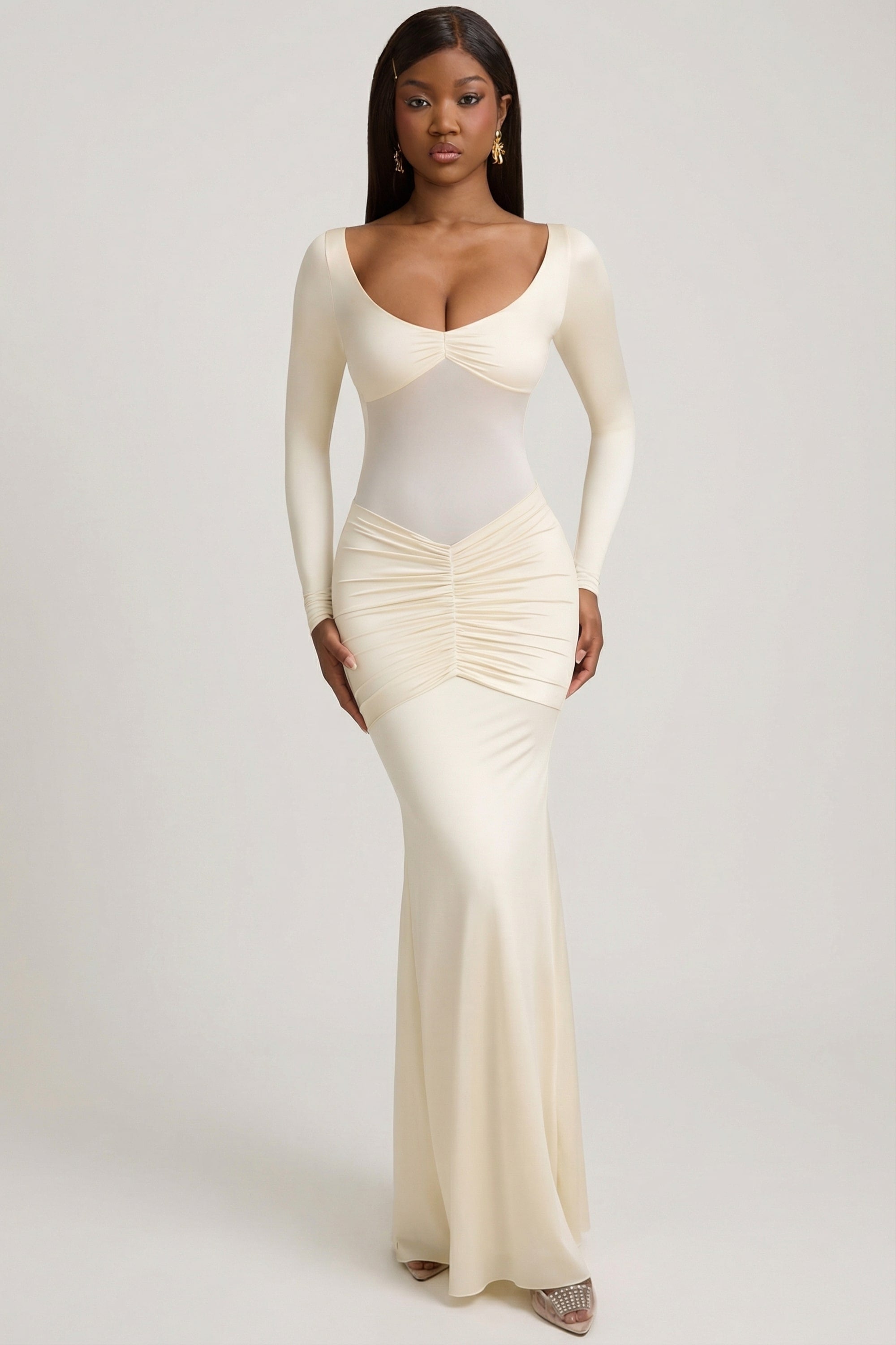 knee length dresses for ladies Bow-Detail Ruched Maxi Dress in Ivory - 4