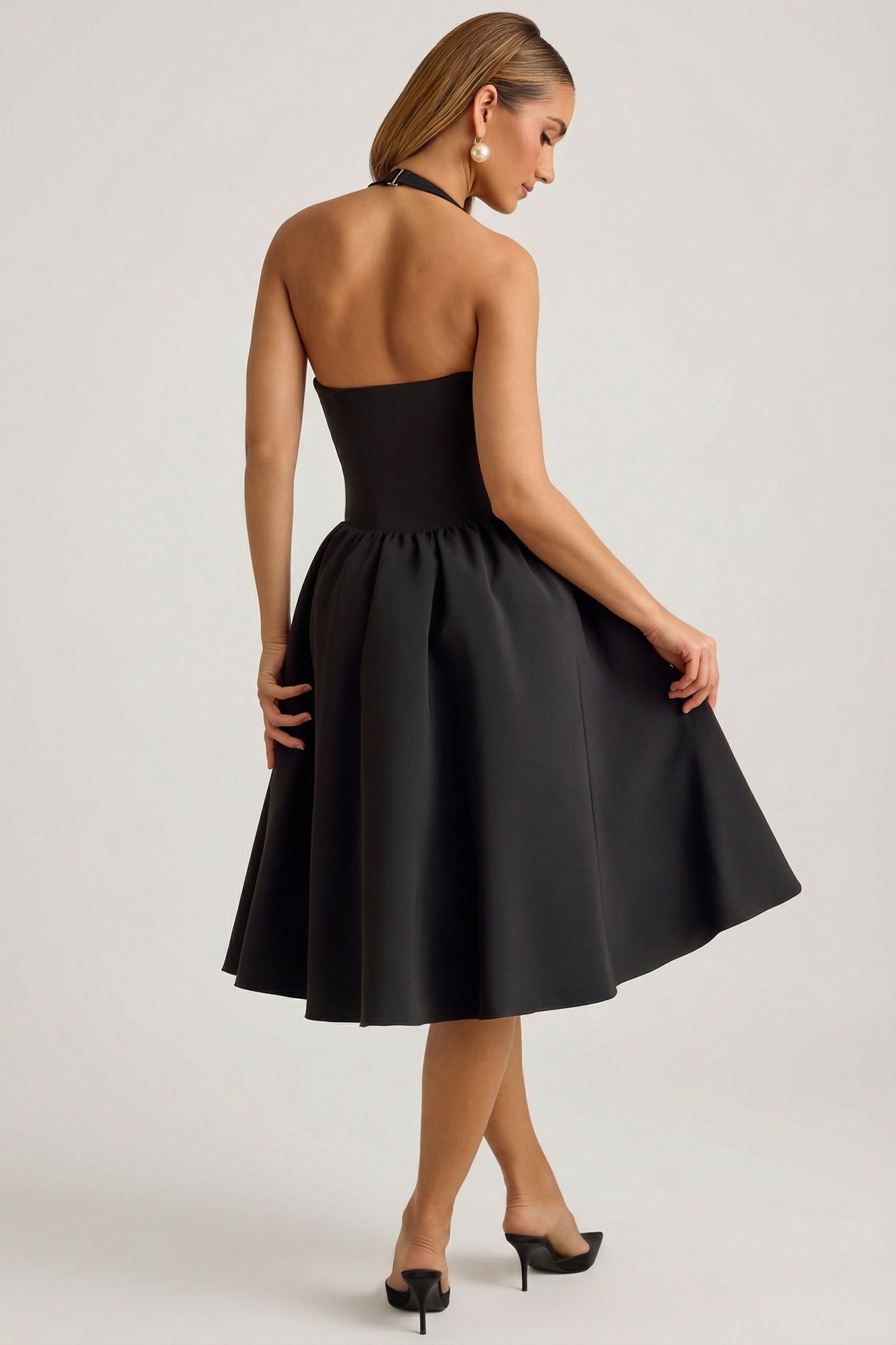 green emerald velvet dress Angelina Halterneck Bow-Detail Midi Dress in Black