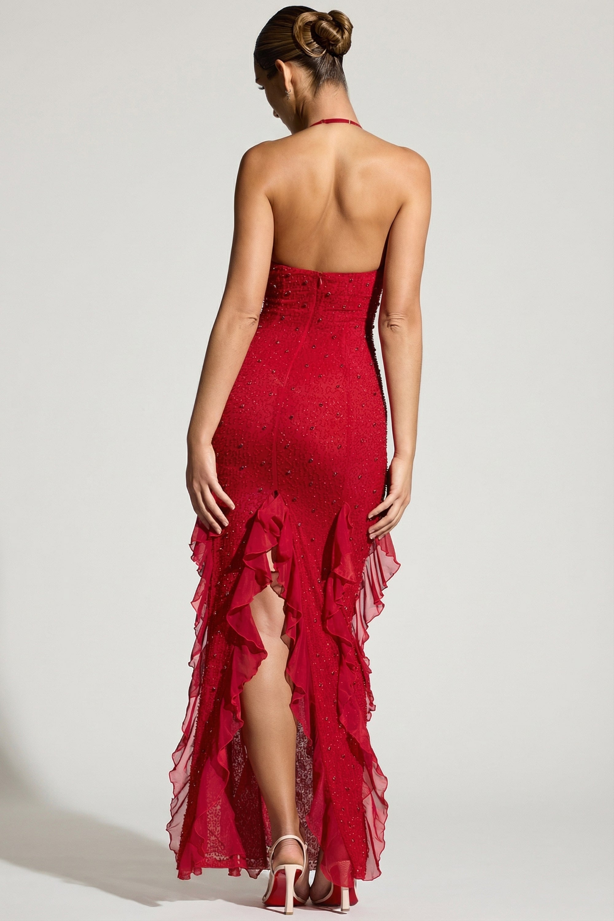 Embellished Halter Neck Ruffle Maxi Dress in Red - 10 | Oh Polly Embellished Halter Neck Ruffle Maxi Dress in Red - 10 | Oh Polly
