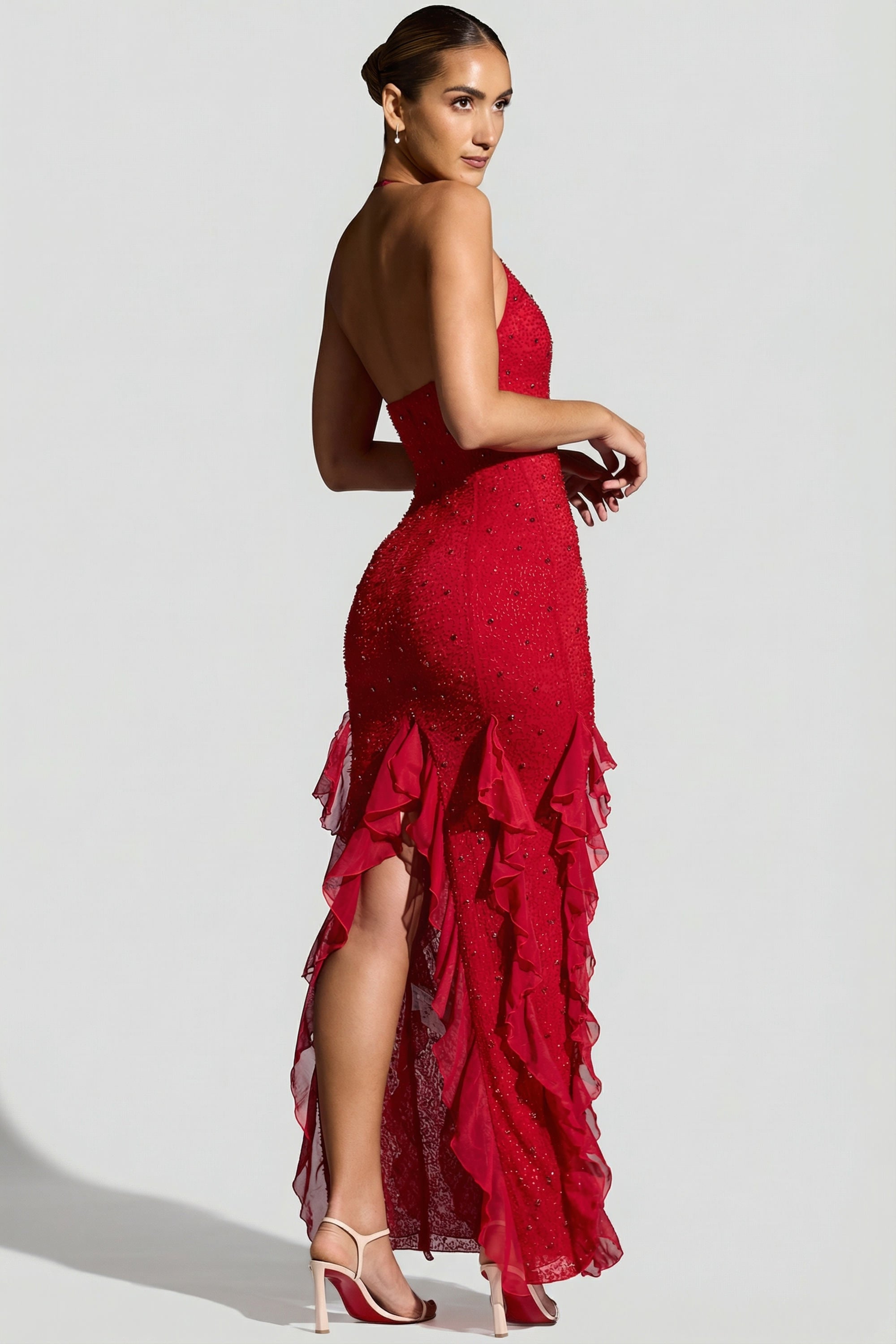 Embellished Halter Neck Ruffle Maxi Dress in Red - 10 | Oh Polly Embellished Halter Neck Ruffle Maxi Dress in Red - 10 | Oh Polly