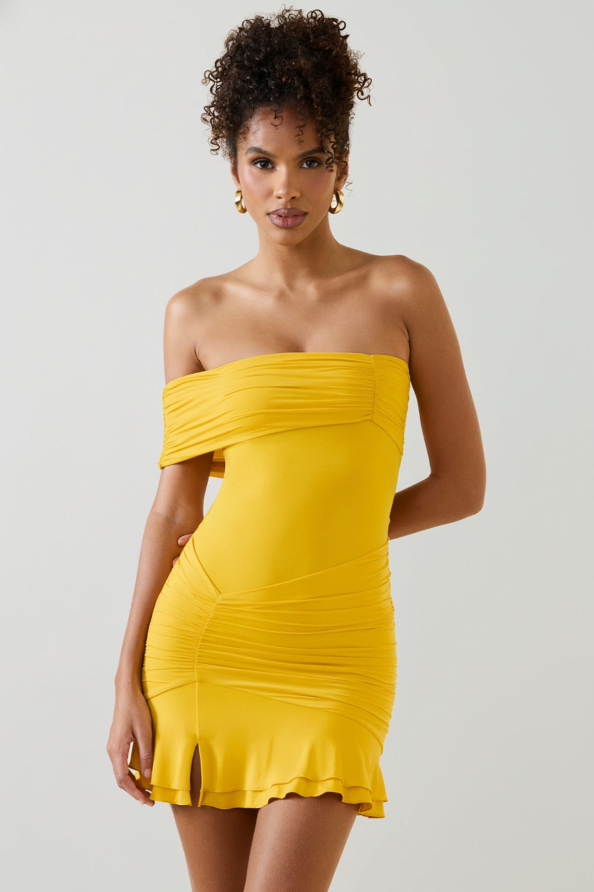 ruched one shoulder dress Arielle Asymmetric One-Shoulder Mini in Golden Yellow flattering ruched bodice that Rehearsal dinner guest attire Nightclub Size:IC