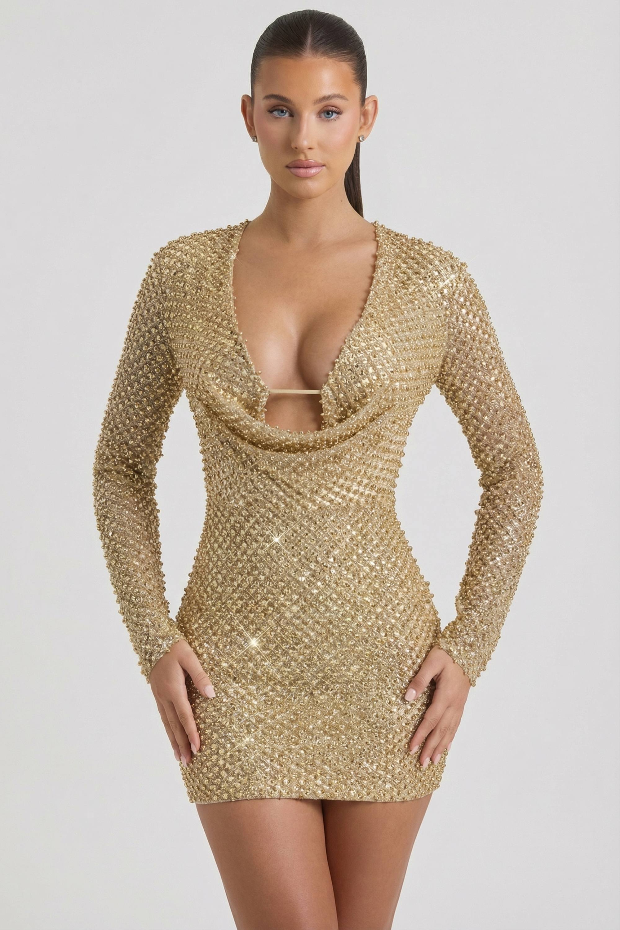 green emerald velvet dress Embellished Cowl-Neck Mini Dress in Gold - 2 green emerald velvet dress Embellished Cowl-Neck Mini Dress in Gold - 2