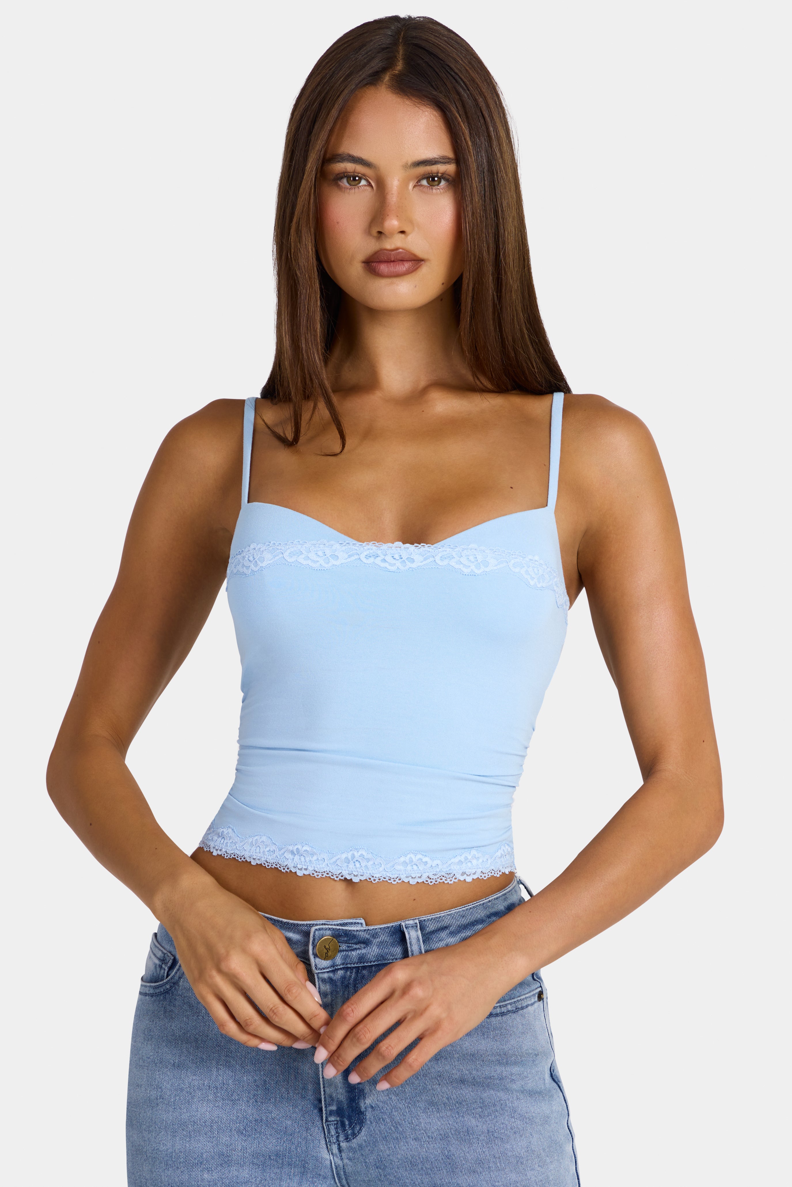 Arna Modal Lace-Trim Peekaboo Tank Top in Arctic Blue | Oh Polly