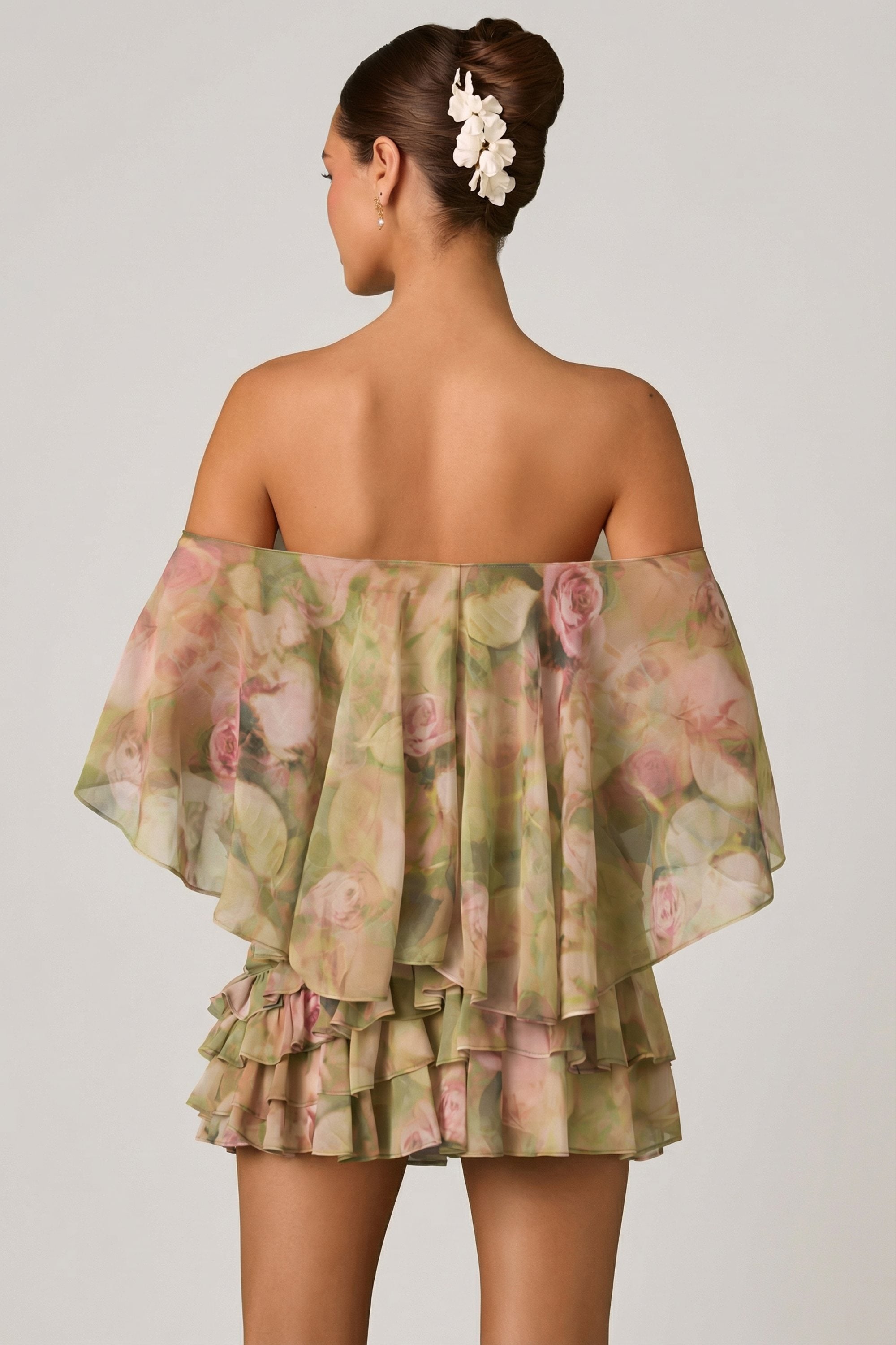 Off-Shoulder Ruffled Mini Dress in Floral Multi Print - 6