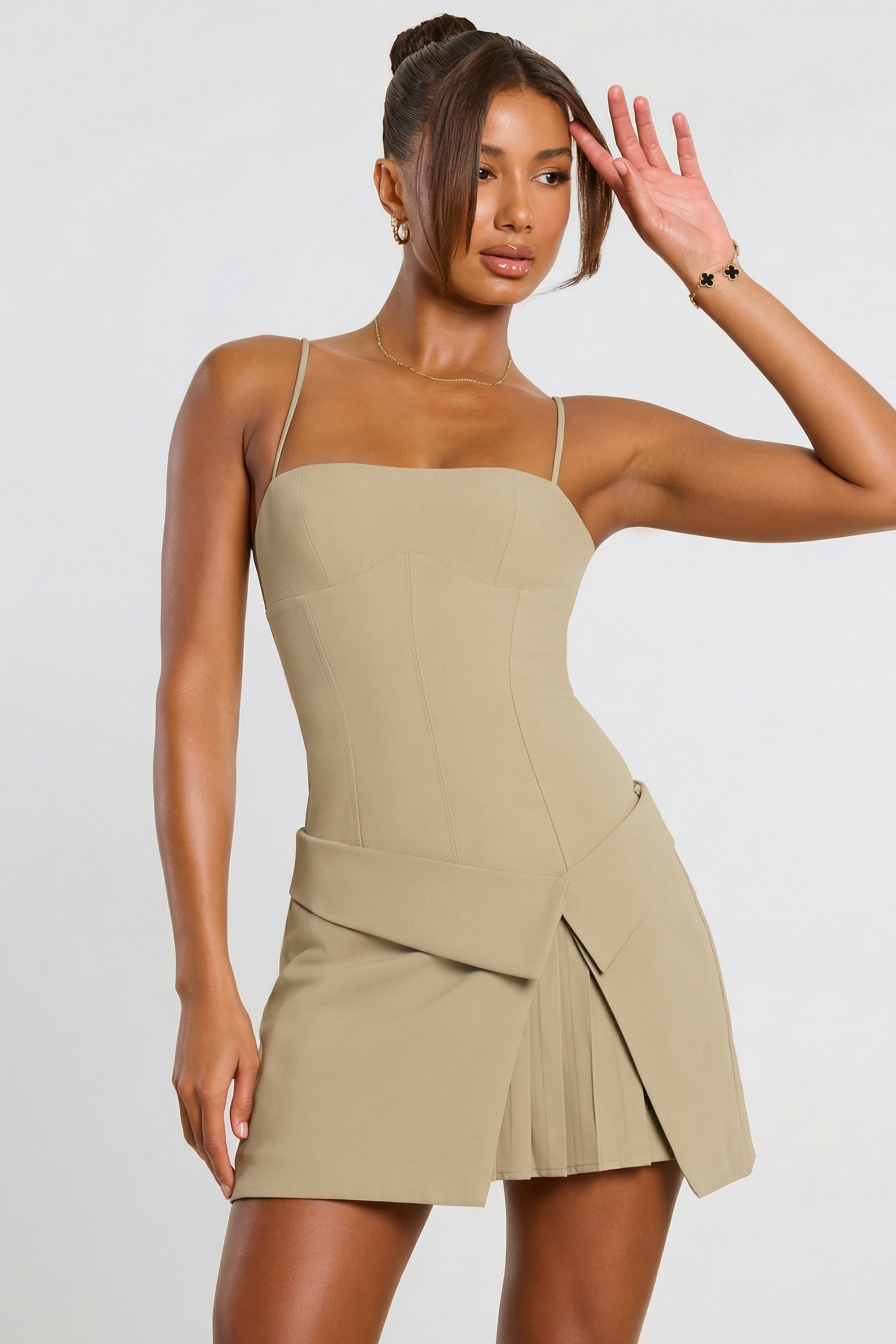 Woven Twill Wrap Over Pleated Mini Dress in Taupe - 4 | Oh Polly Woven Twill Wrap Over Pleated Mini Dress in Taupe - 4 | Oh Polly