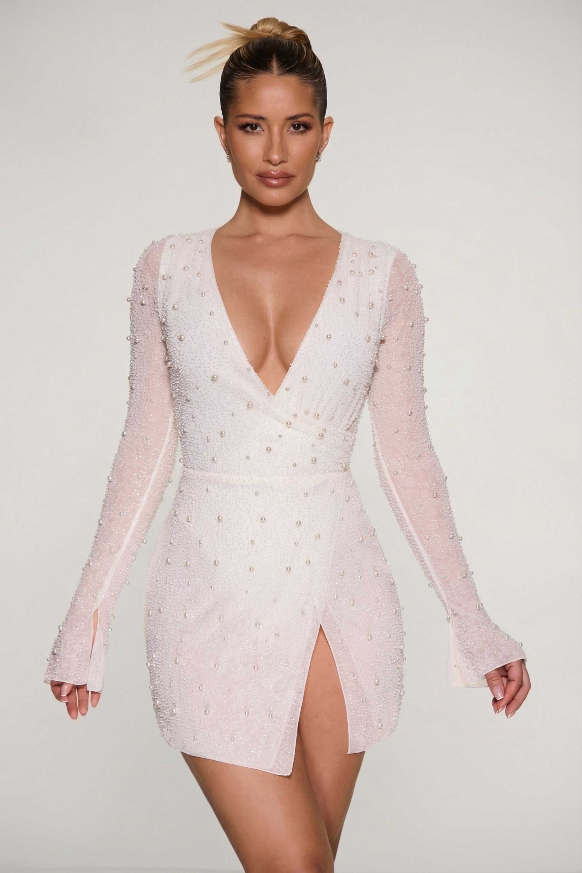 knee length dresses for ladies Embellished Wrap Over A-Line Mini Dress in Ivory - 4