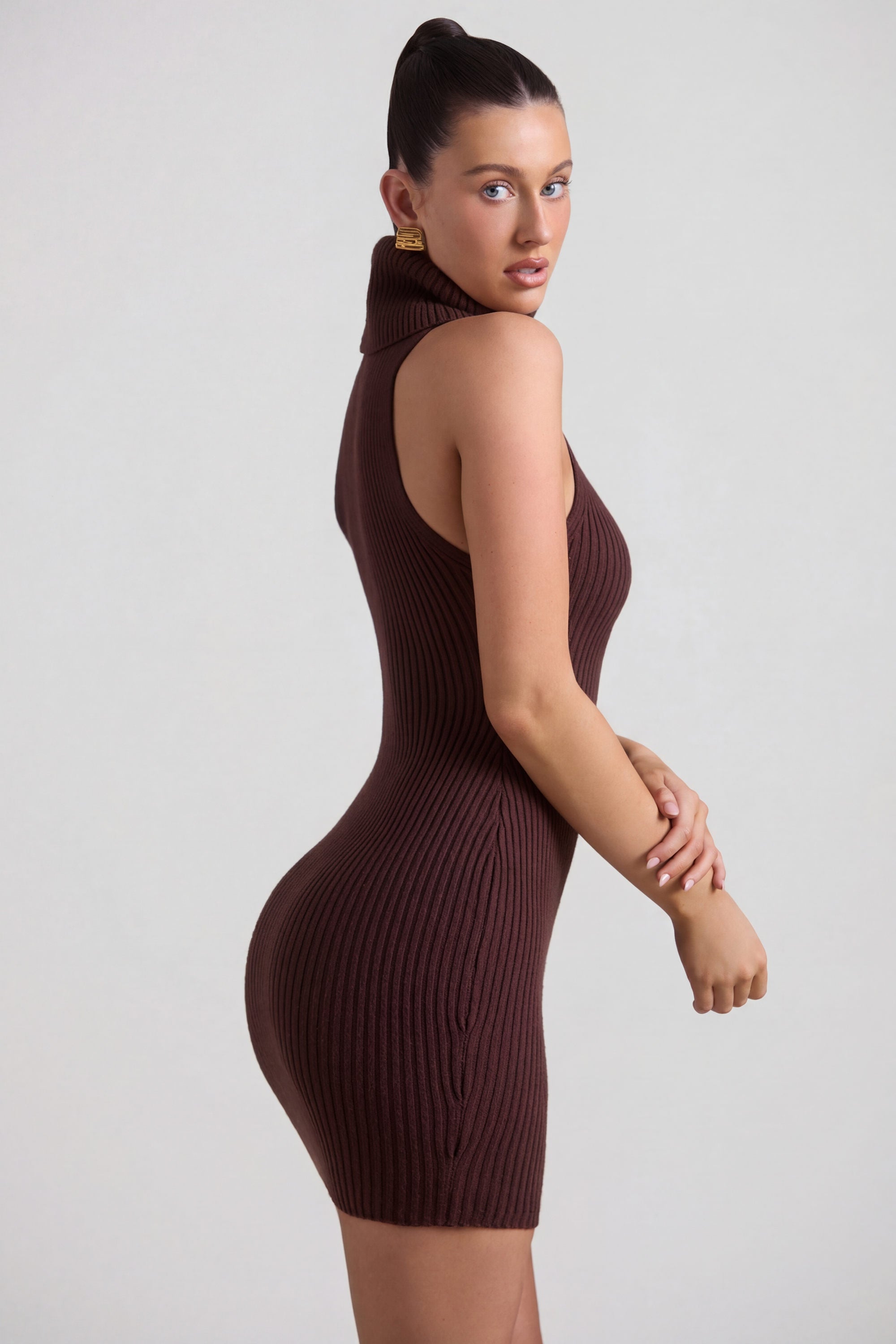 Daiya Ribbed-Knit Turtleneck Mini Dress in Espresso | Oh Polly