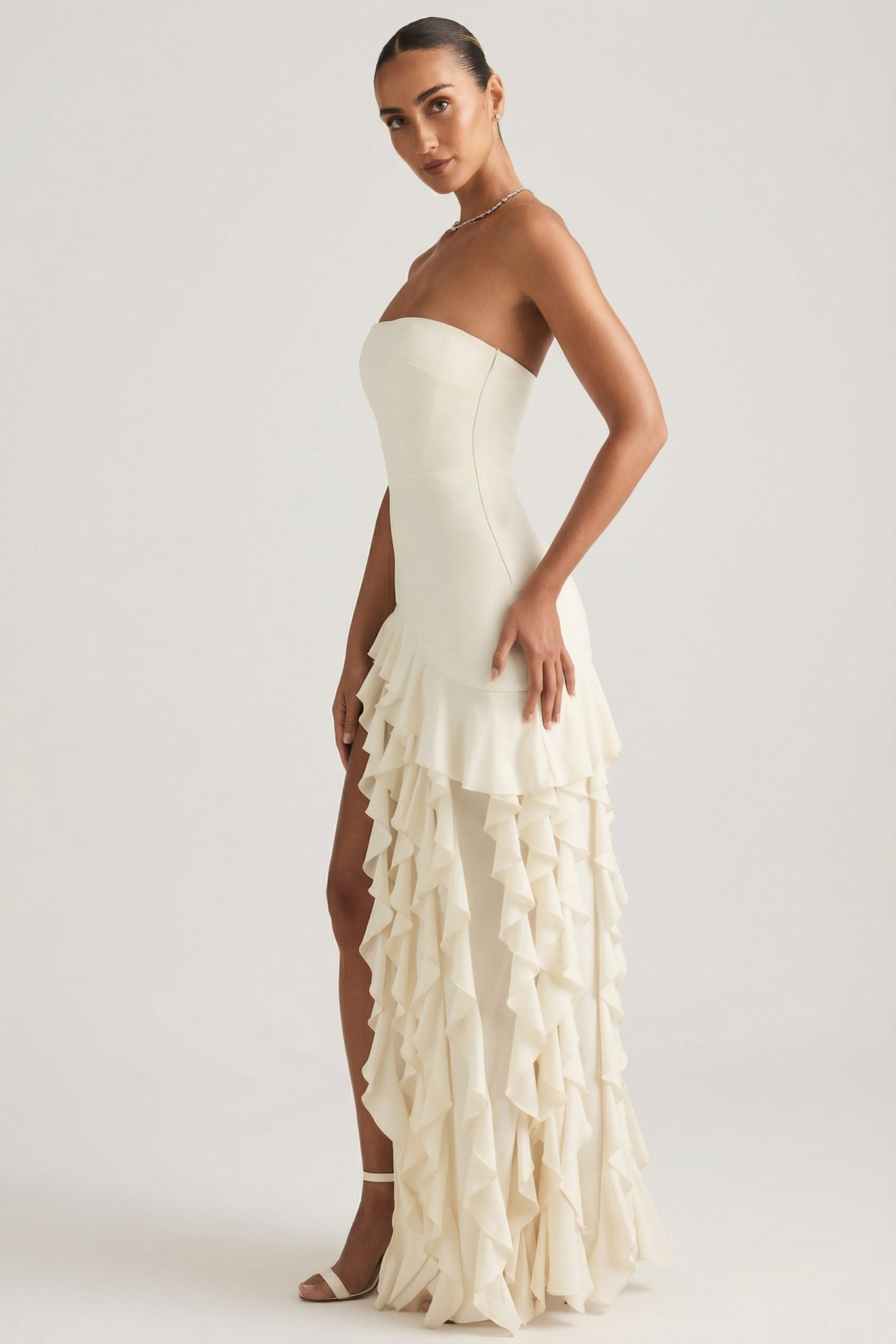 Diletta Ruffle-Trim Strapless Gown in Ivory | Oh Polly 14