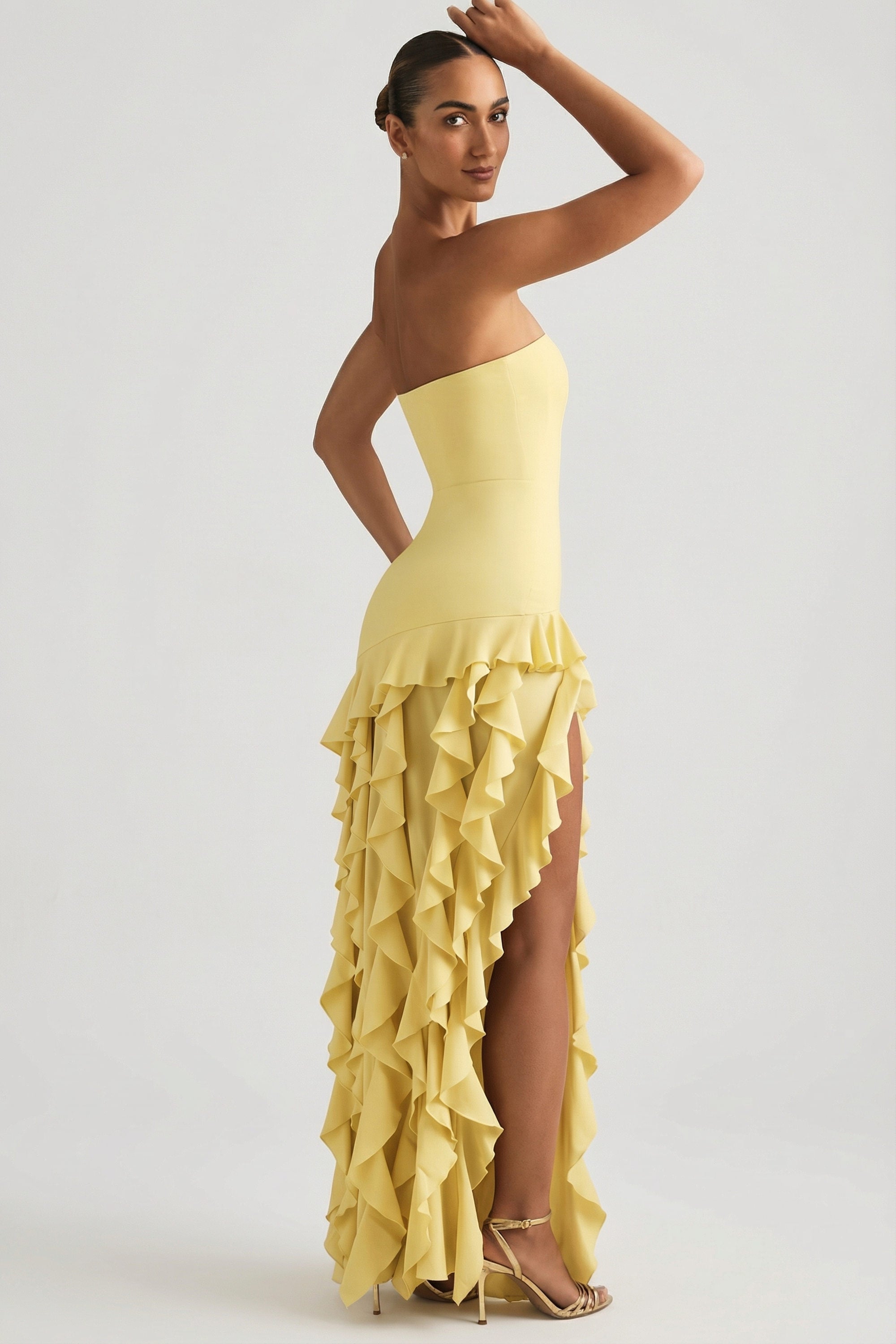 Diletta Ruffle-Trim Strapless Gown in Pastel Yellow | Oh Polly