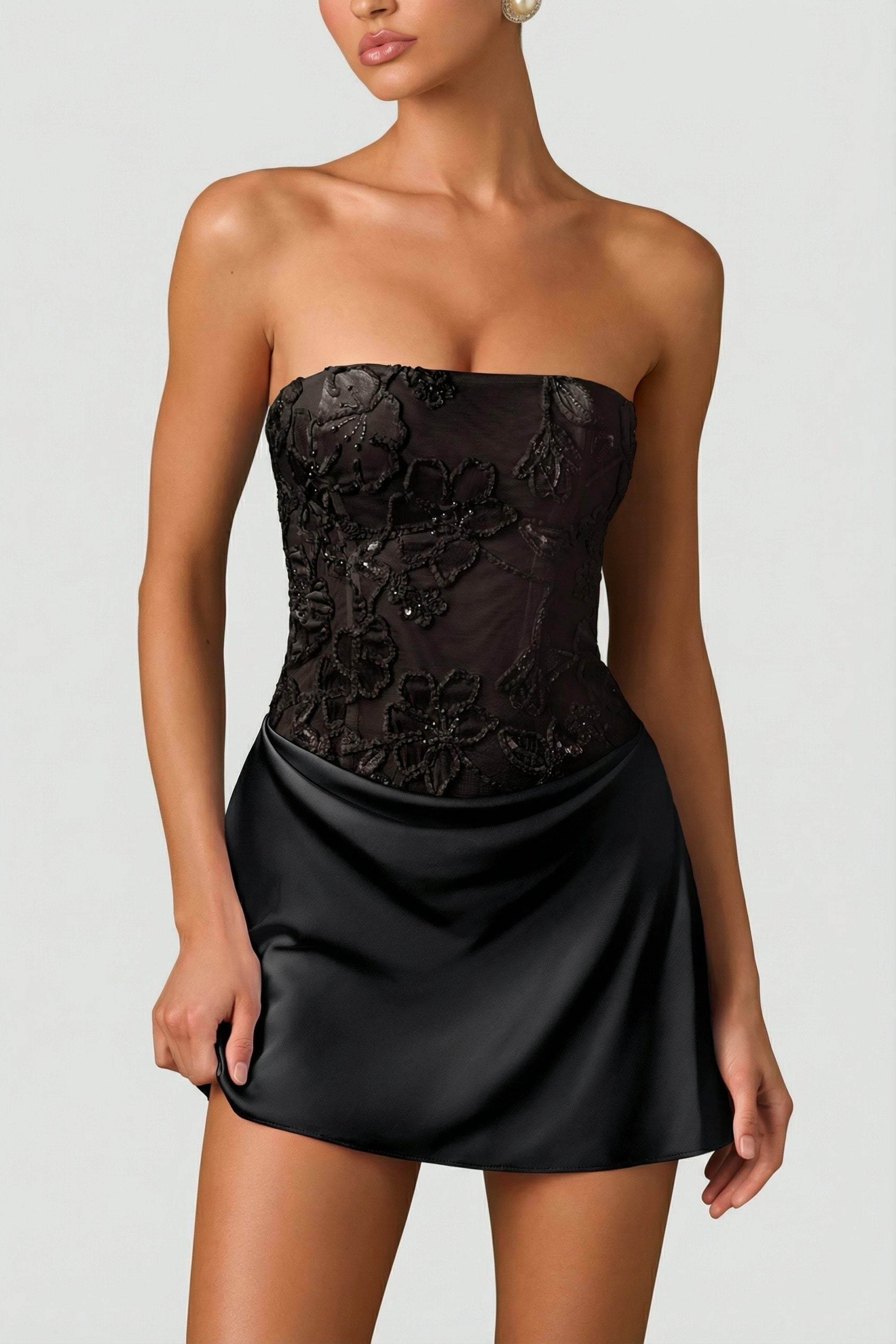 Eden Embellished Draped Strapless A-Line Mini Dress in Black | Oh Polly Eden Embellished Draped Strapless A-Line Mini Dress in Black | Oh Polly