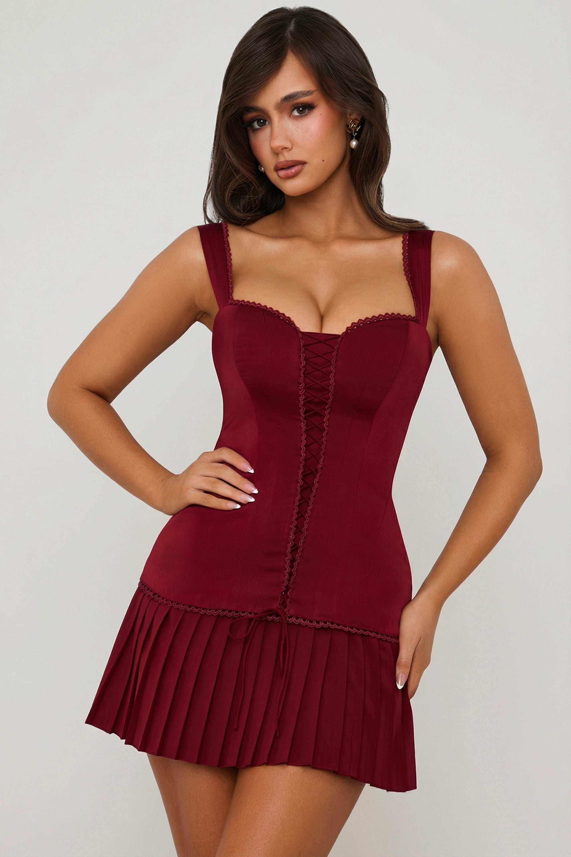 Evangeline Bow-Detail Lace-Up Corset Mini Dress in Berry Red