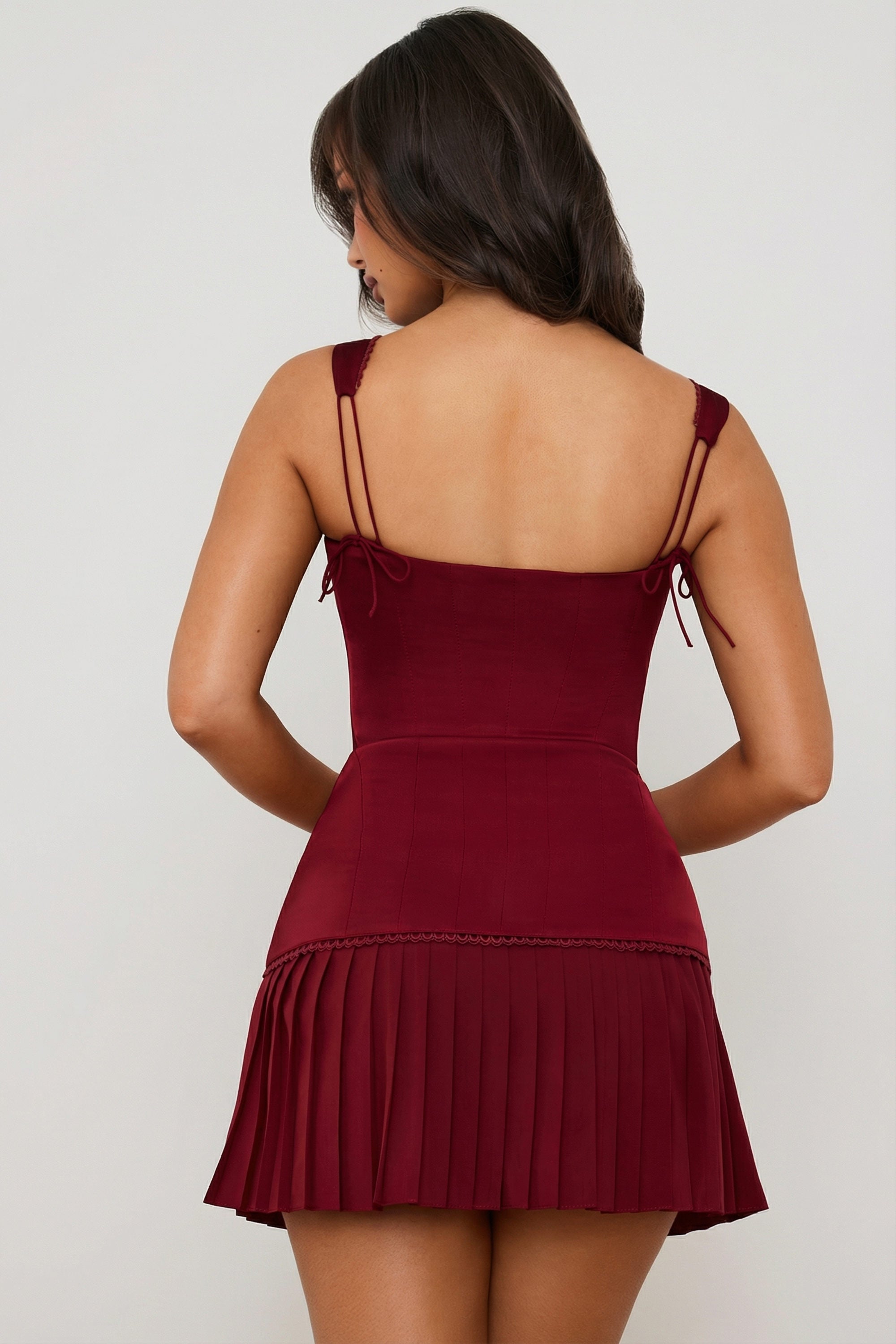 Evangeline Bow-Detail Lace-Up Corset Mini Dress in Berry Red | Oh
