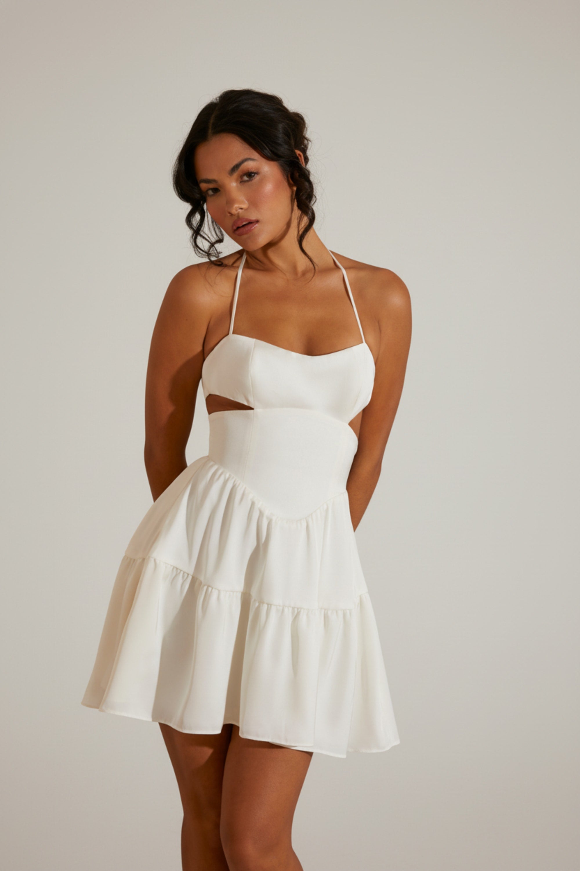 Halter Neck Cut Out Mini Dress in White Halter Neck Cut Out Mini Dress in White