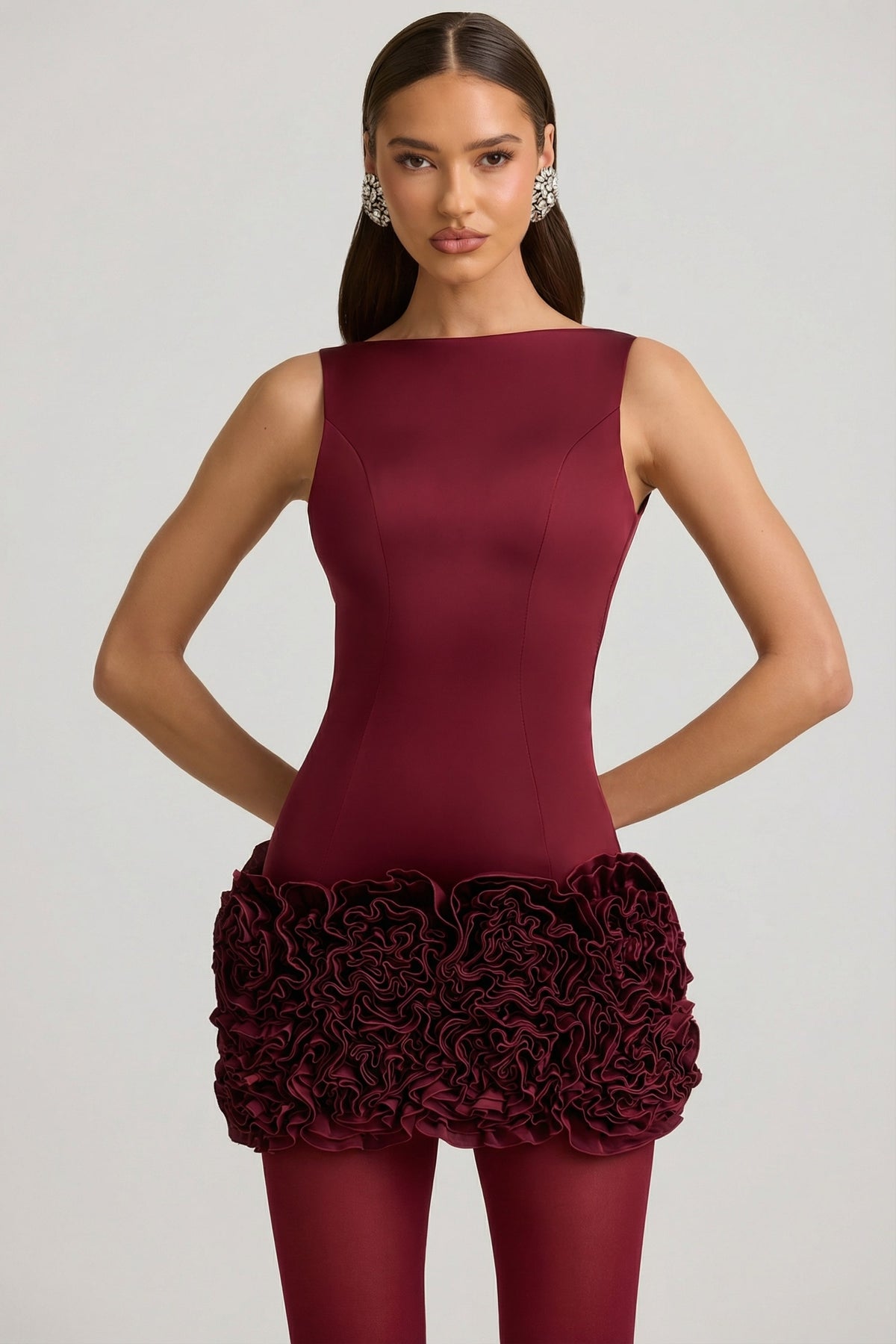 oh polly burgundy wrap dress Satin Floral Appliqué Open-Back Mini in Wine Red Size:UK-10 / US-6 HiCCUP - Black Halter Category_Bodycon Long sleeve Fitted corset bodice