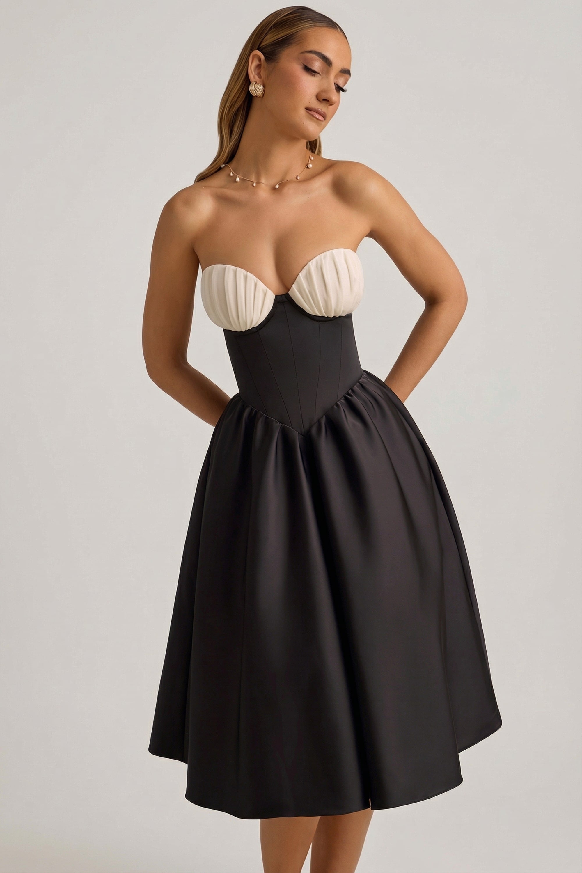 Gabrielle Strapless Corset Midi Dress in Black