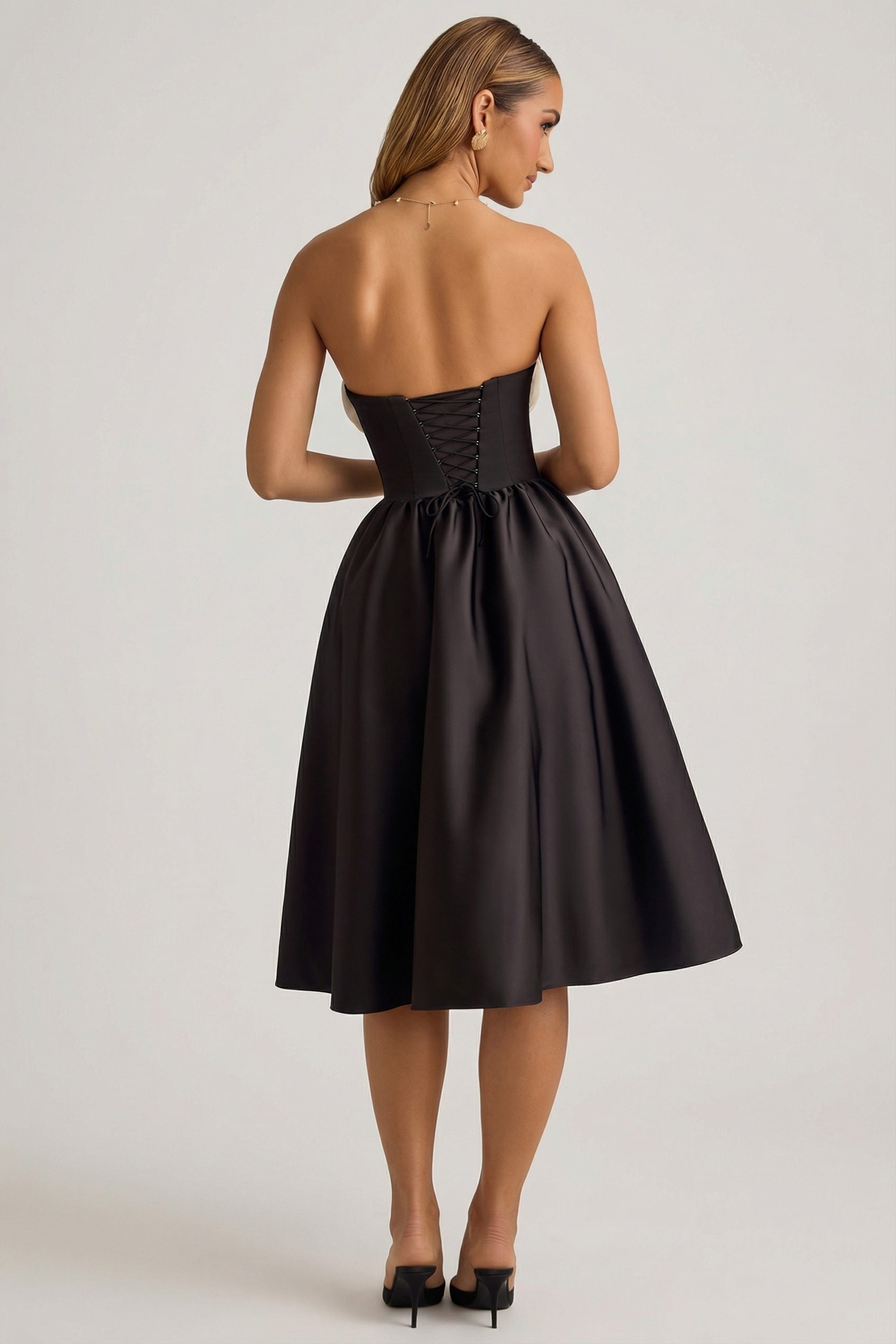 Gabrielle Strapless Corset Midi Dress in Black | Oh Polly Gabrielle Strapless Corset Midi Dress in Black | Oh Polly