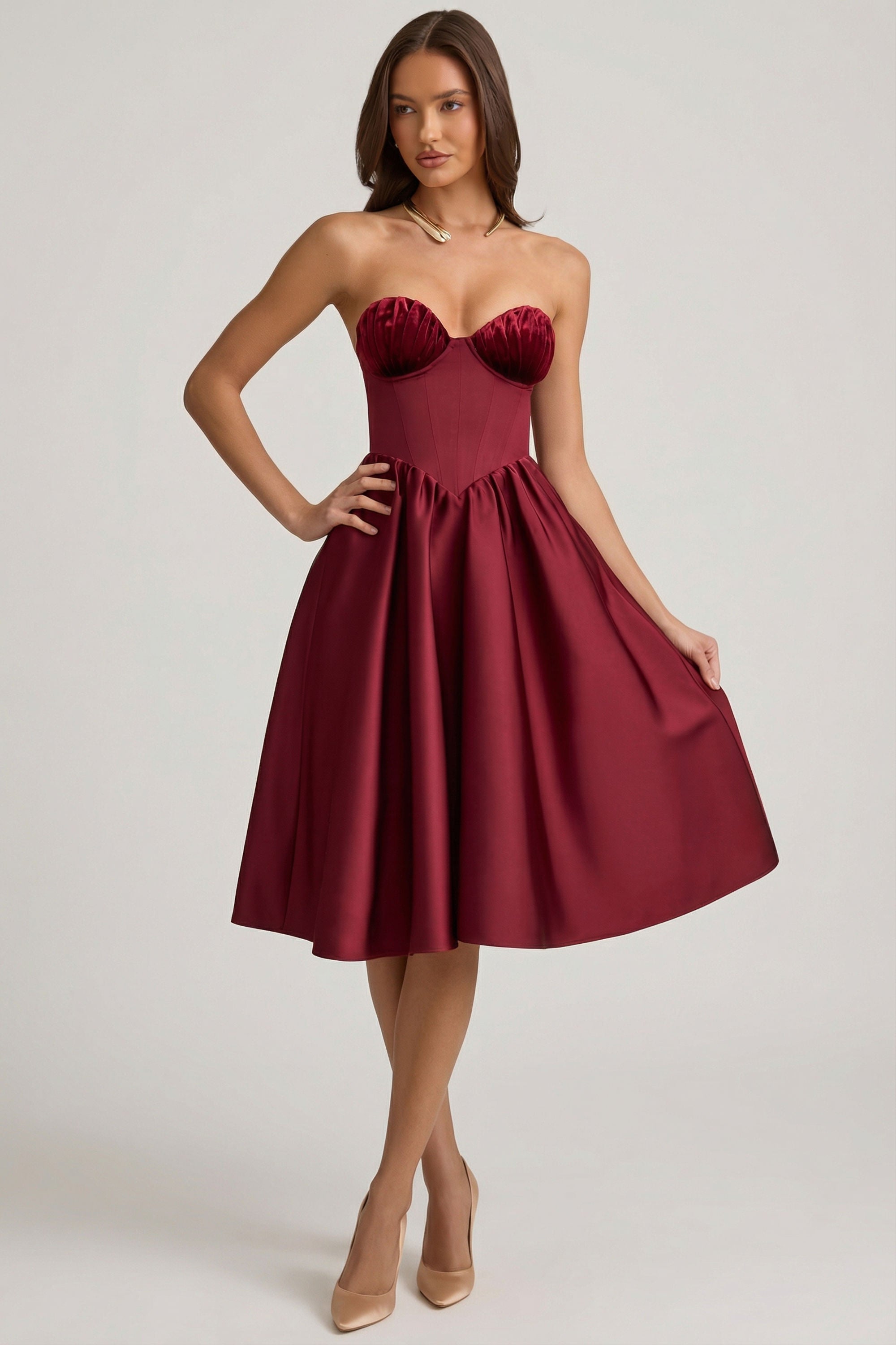 Gabrielle Strapless Corset Midi Dress in Wine Red