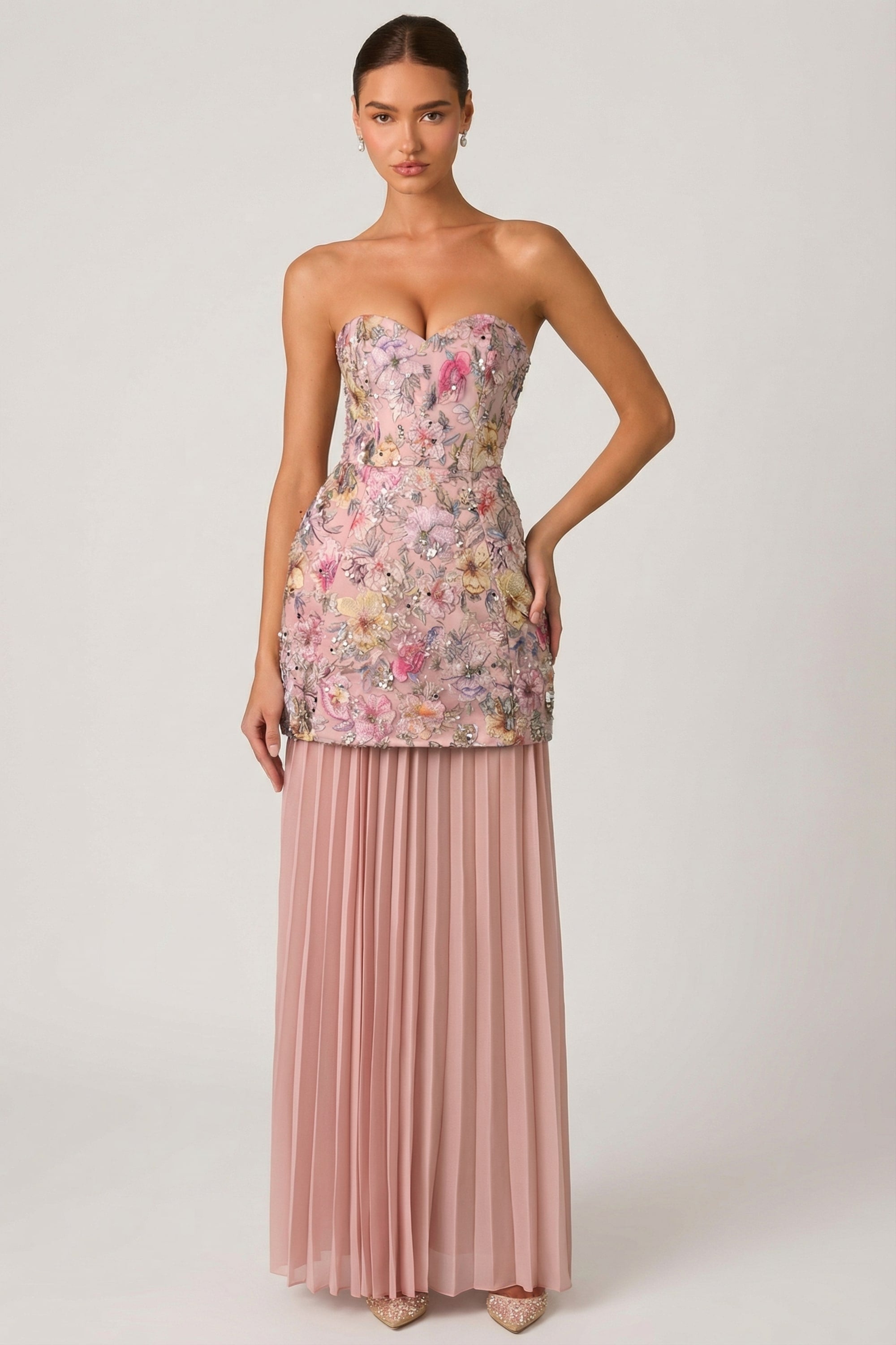 Galia Embellished Convertible Lace-Up Gown in Floral Pink