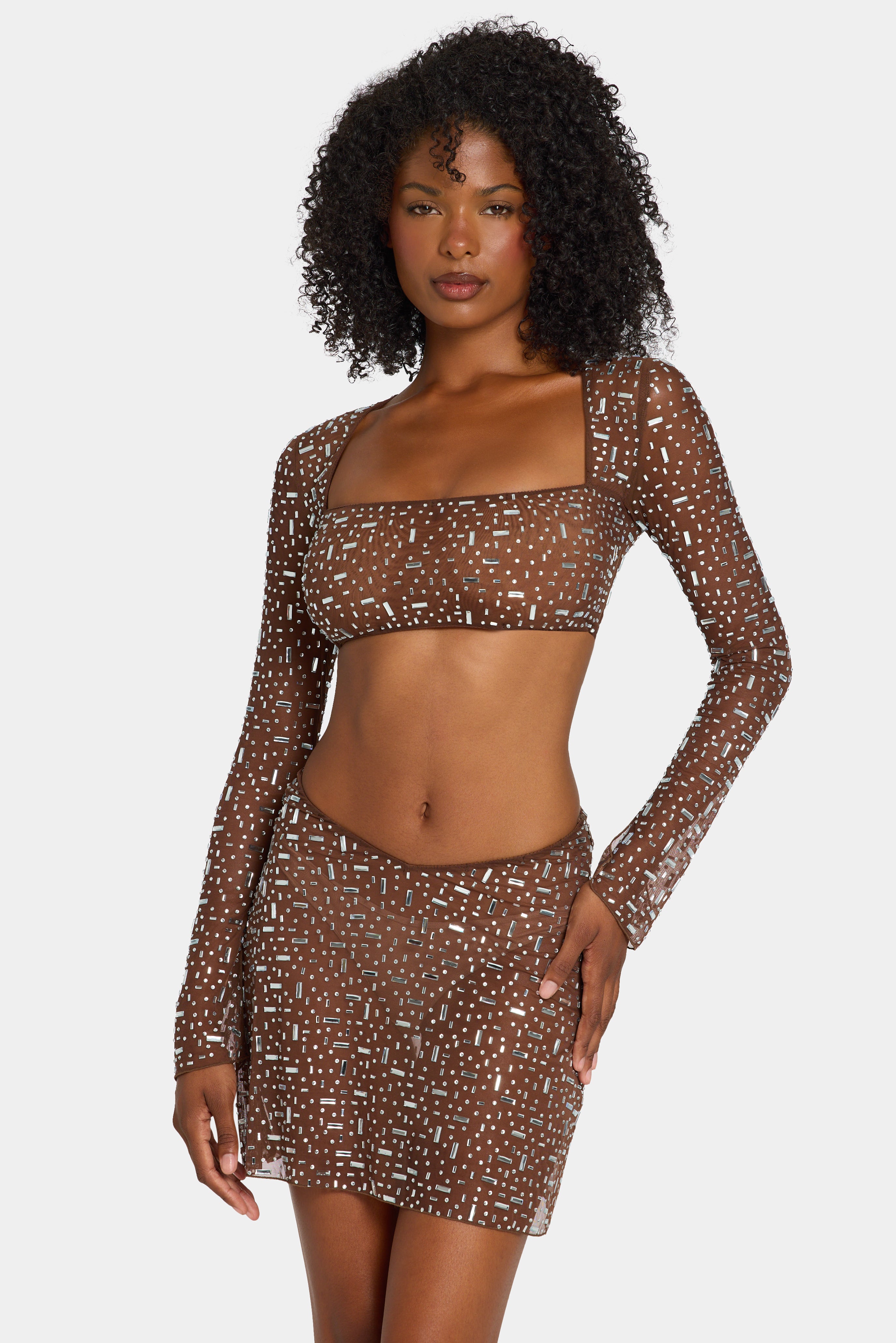 Guilia Sheer Embellished Long Sleeve Square Neck Crop Top in Deep