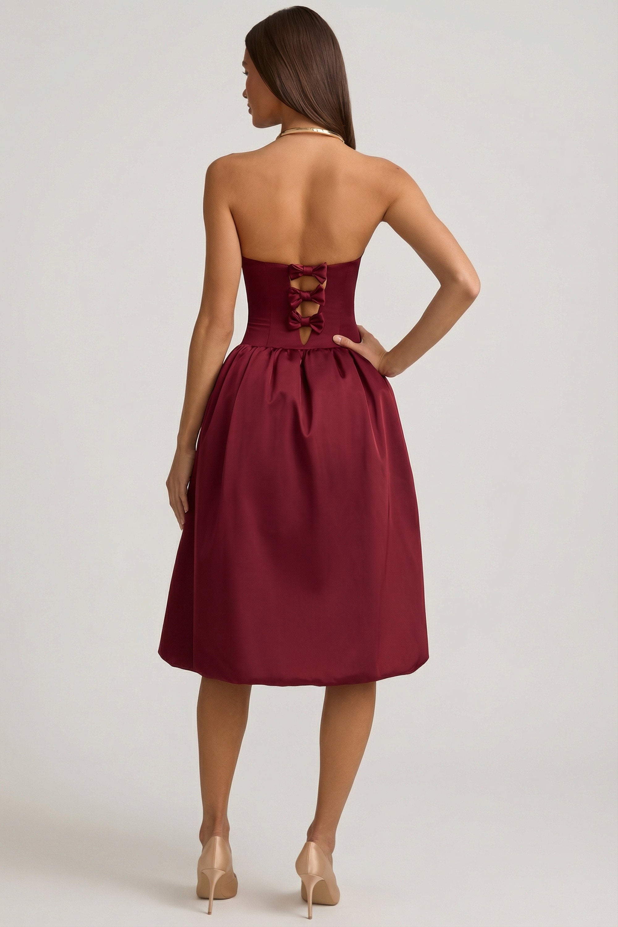 Gloriana Convertible Bow-Detail Bubble Hem Midaxi Dress in Wine