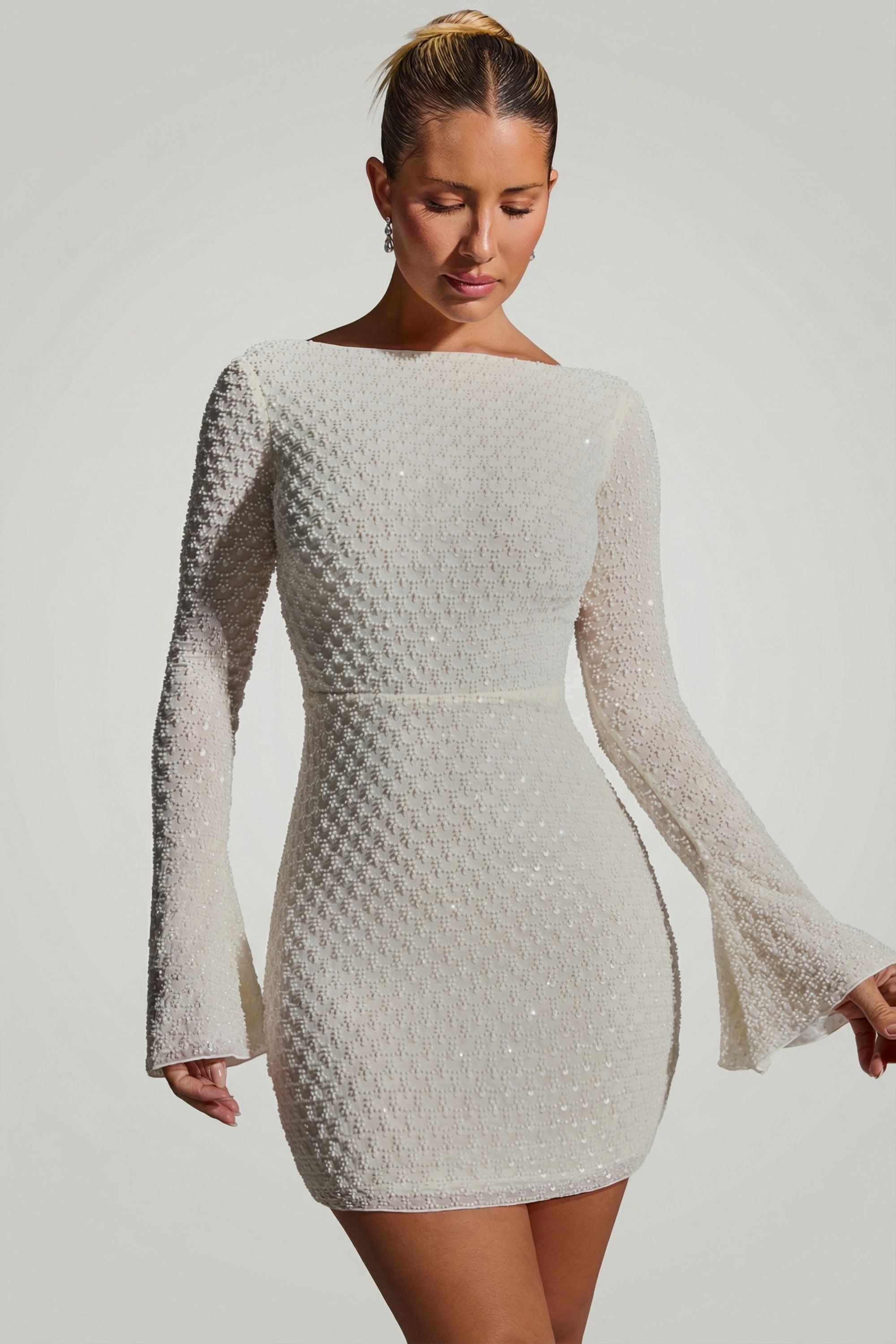Embellished Open-Back A-Line Mini Dress in White - 6