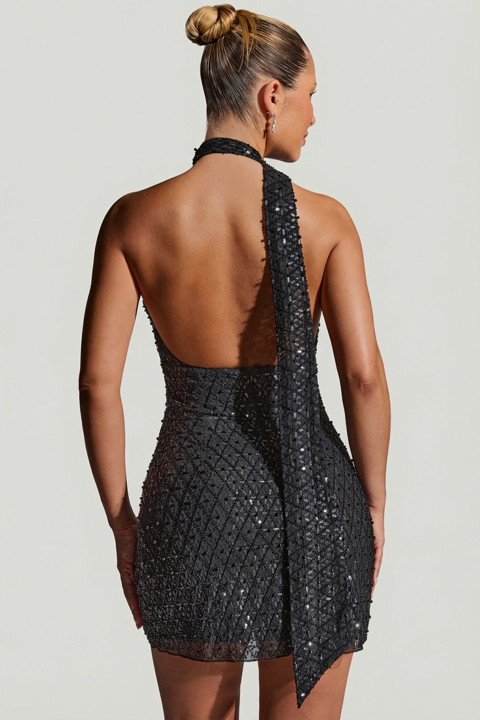 Embellished Scarf-Detail Halterneck Mini Dress in Black - 2