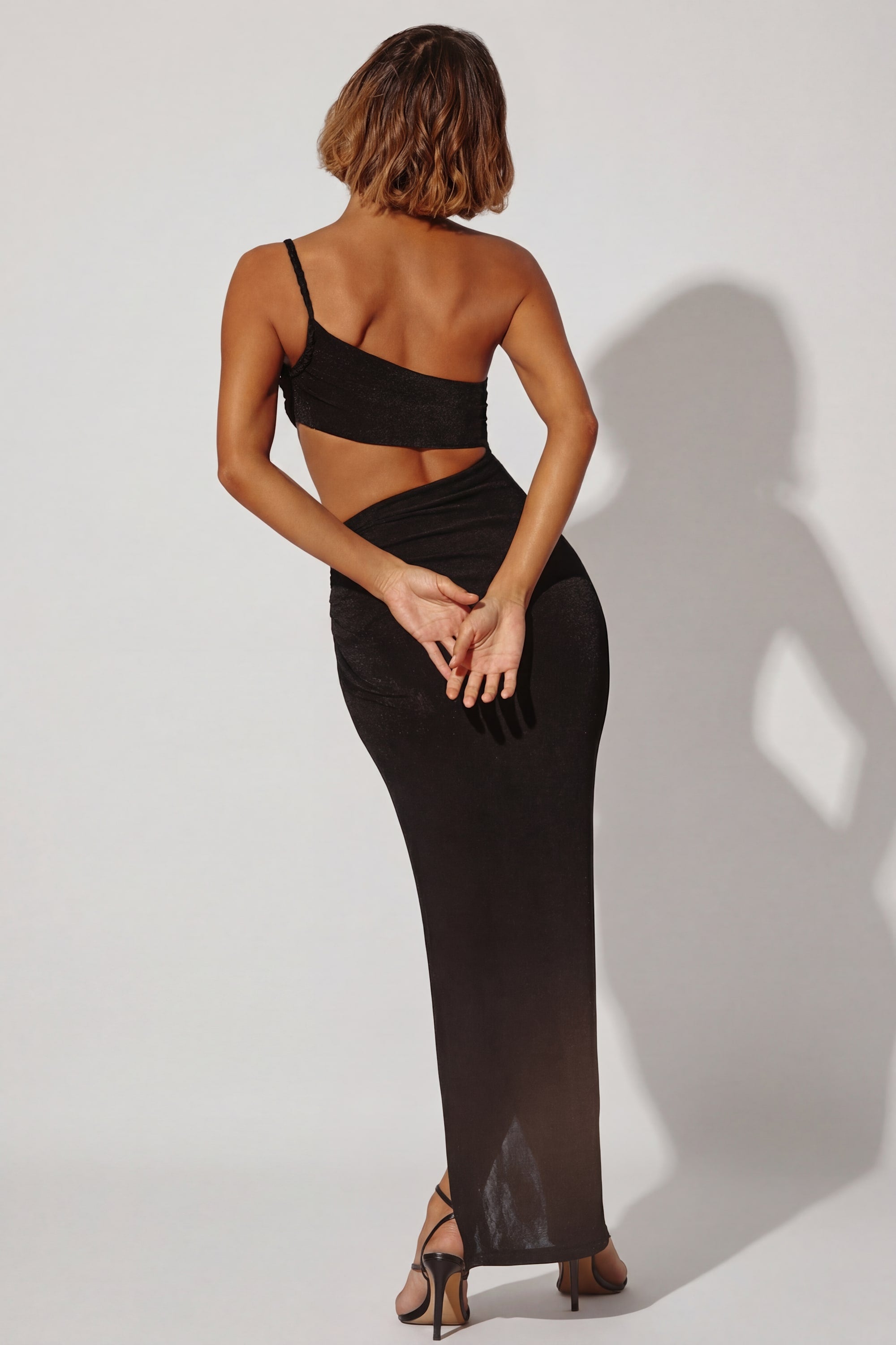 Ishtar One Shoulder Cut Out Maxi Dress in Black | Oh Polly