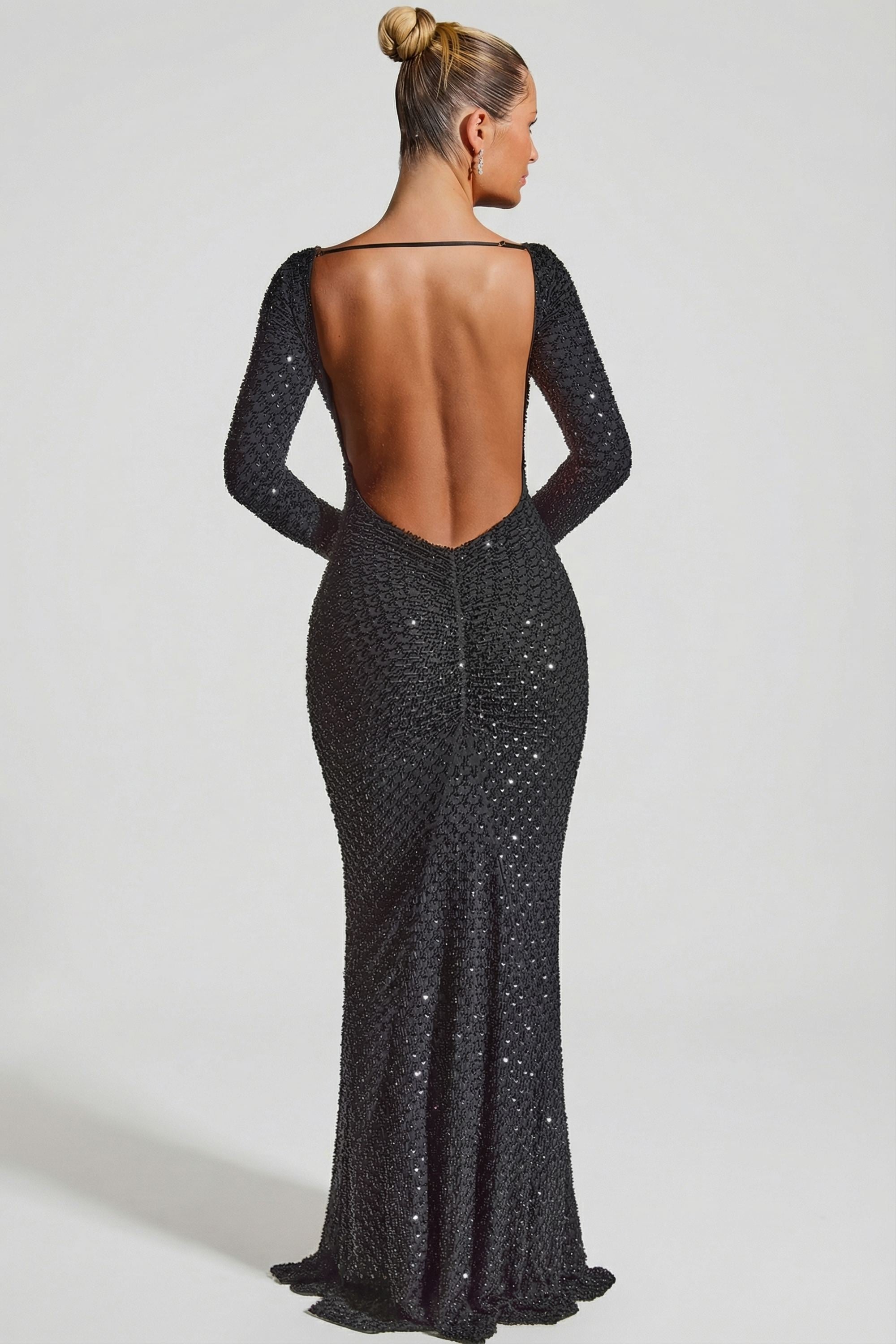 Jailene Embellished Open-Back Gown in Black
