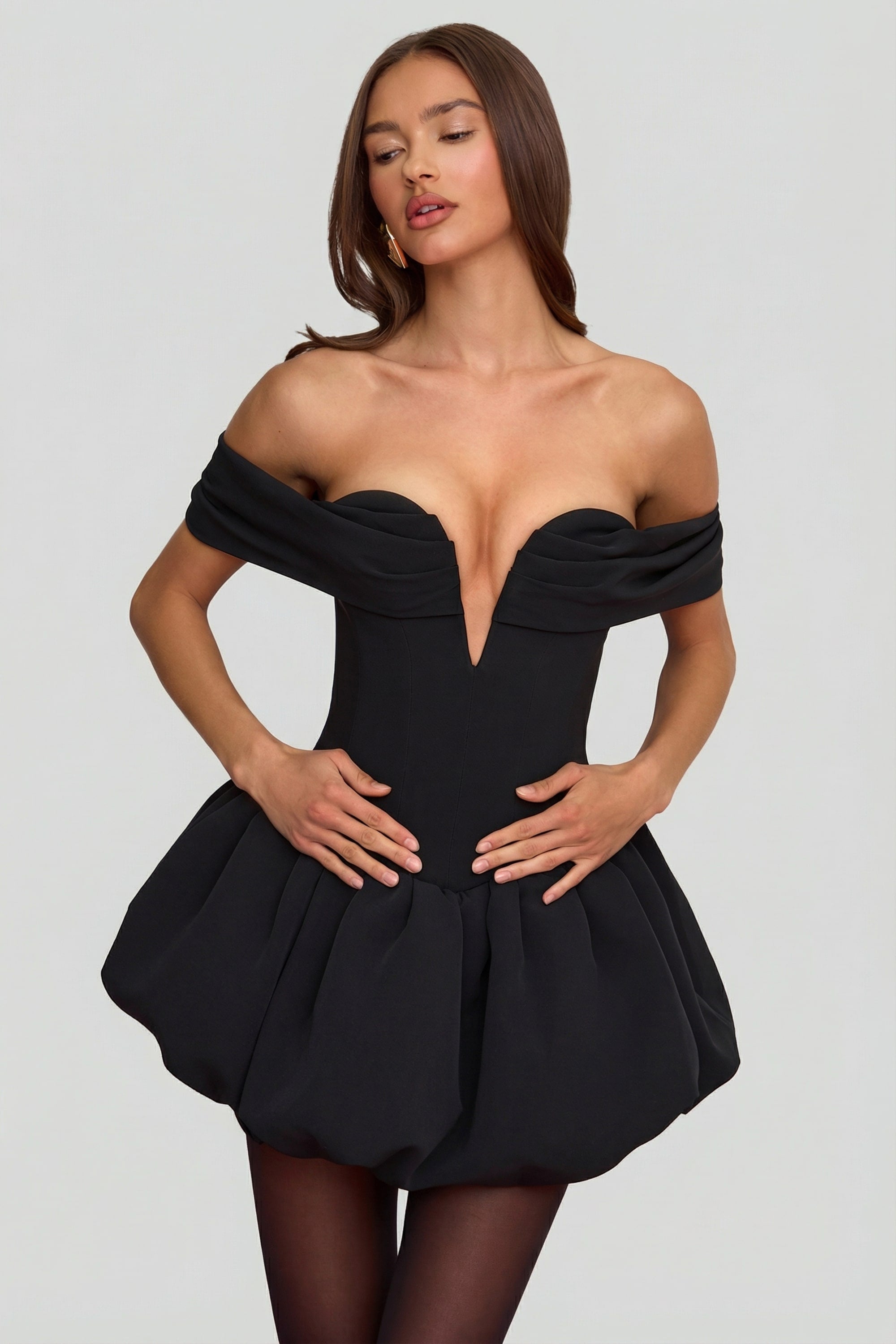 Jessamy Off-Shoulder Layered Bubble Hem Corset Mini Dress in Black