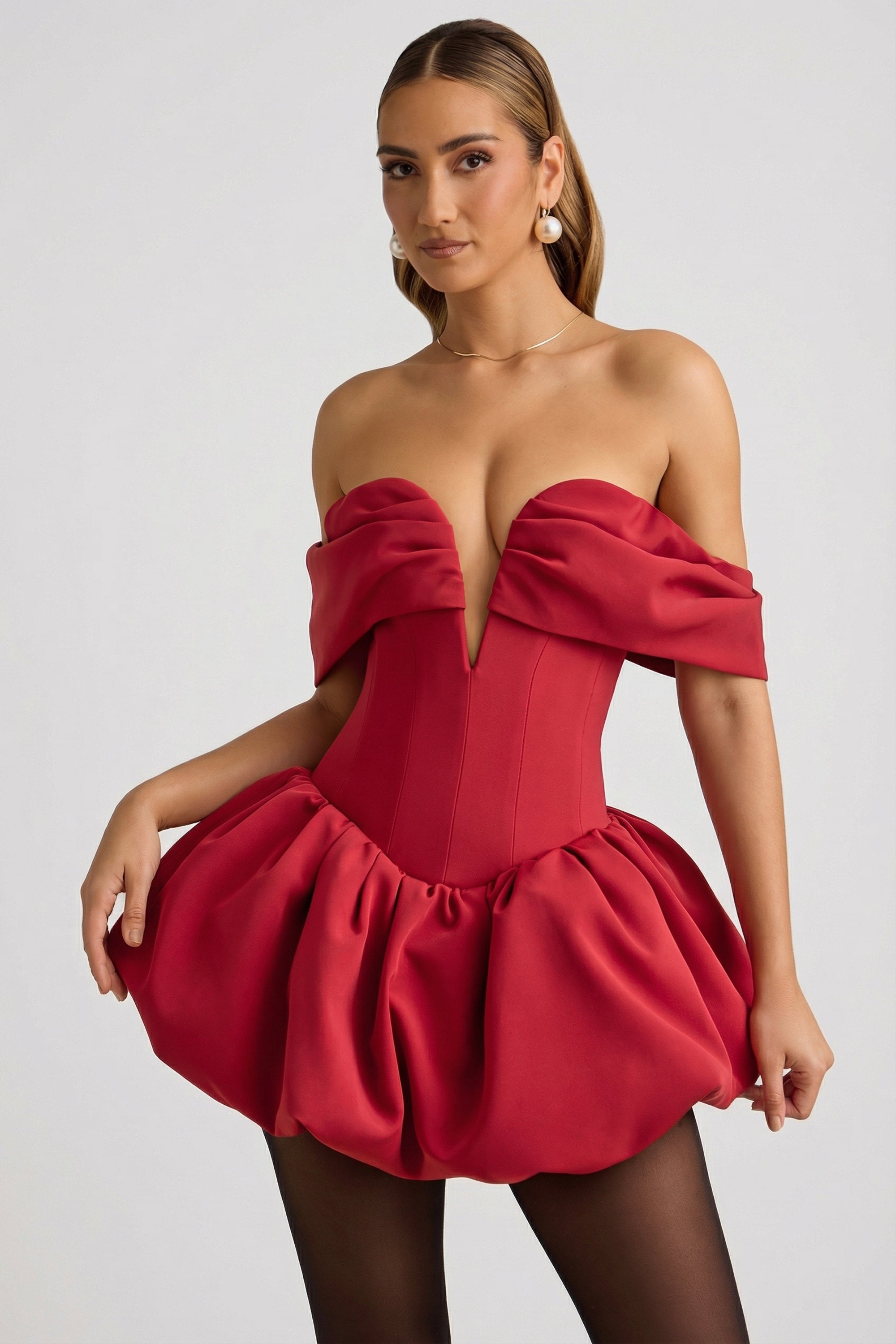 Off-Shoulder Layered Bubble Hem Corset Mini Dress in True Red - 4