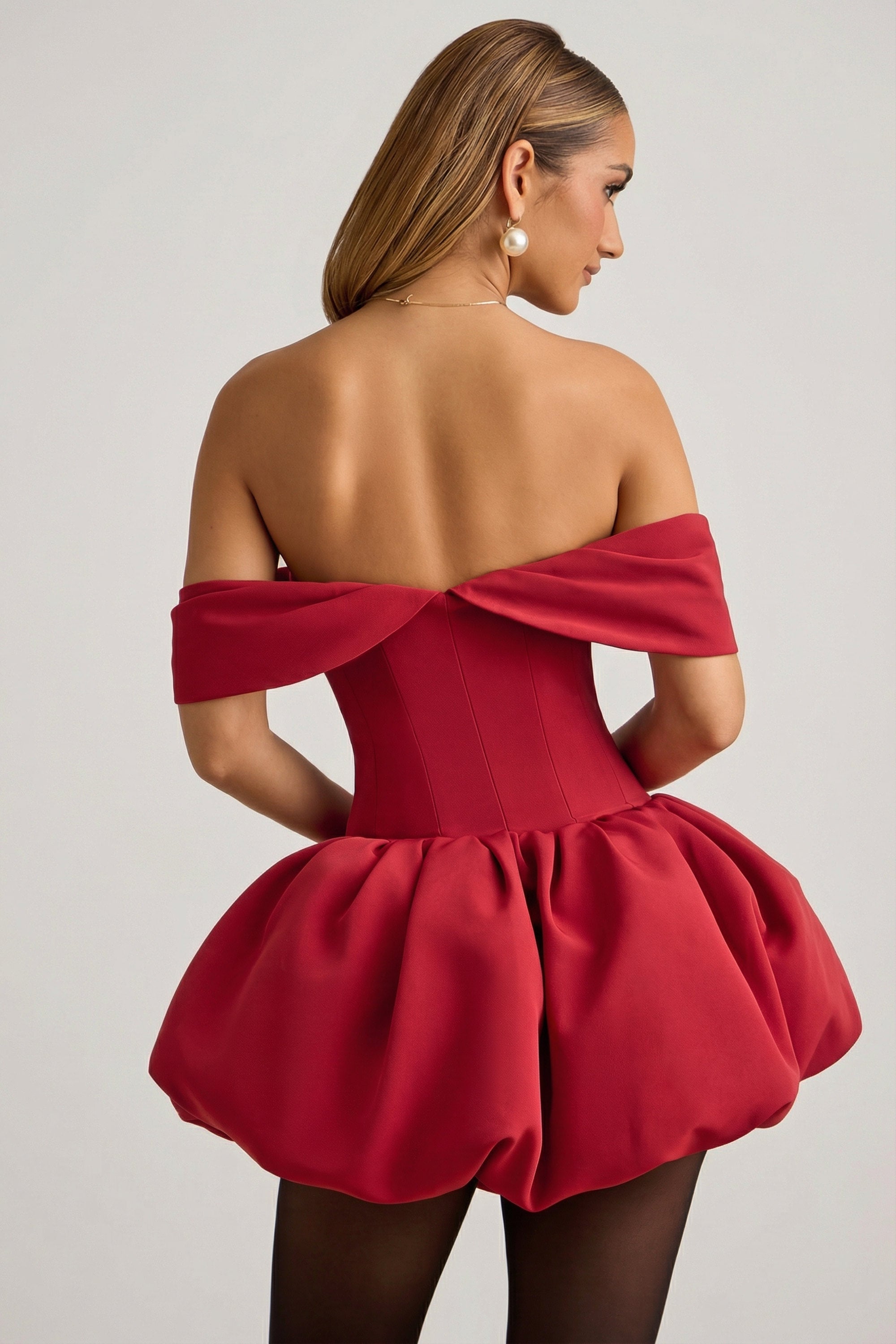 Off-Shoulder Layered Bubble Hem Corset Mini Dress in True Red - 4