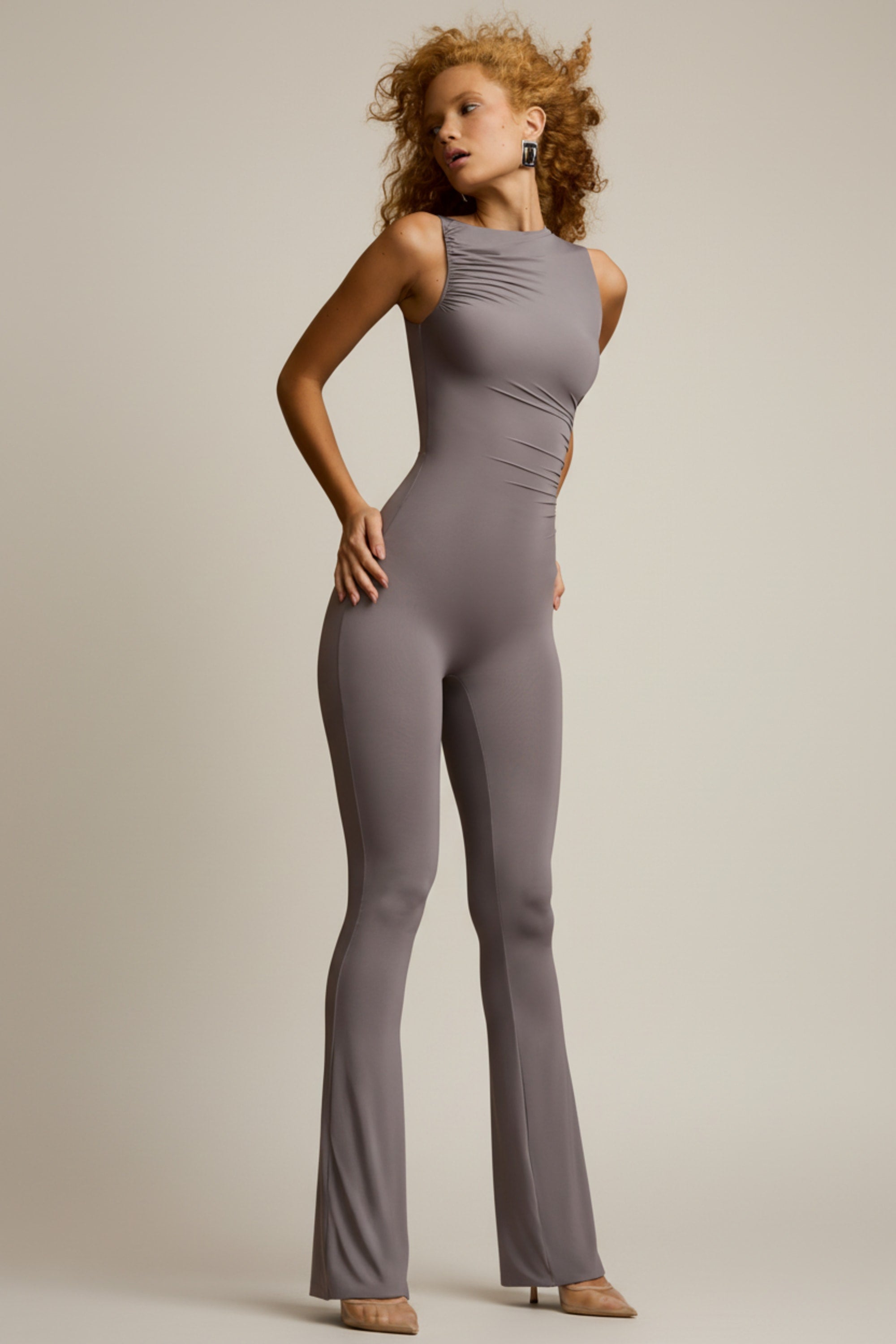 Jolanda Asymmetric Ruched Flared Jumpsuit in Steel Grey | Oh Polly