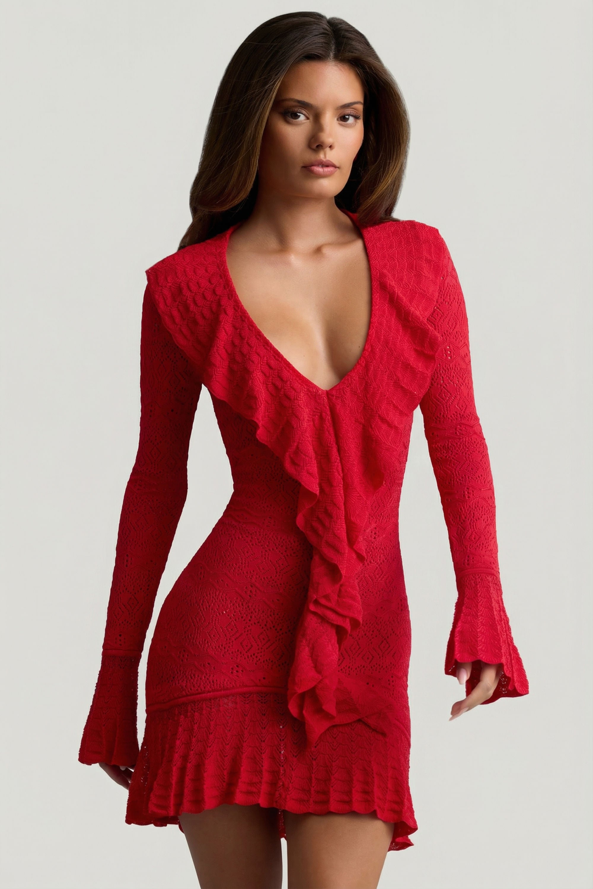 Ruffle-Trim Pointelle-Knit Mini Dress in Scarlet Red - S | Oh Polly Ruffle-Trim Pointelle-Knit Mini Dress in Scarlet Red - S | Oh Polly