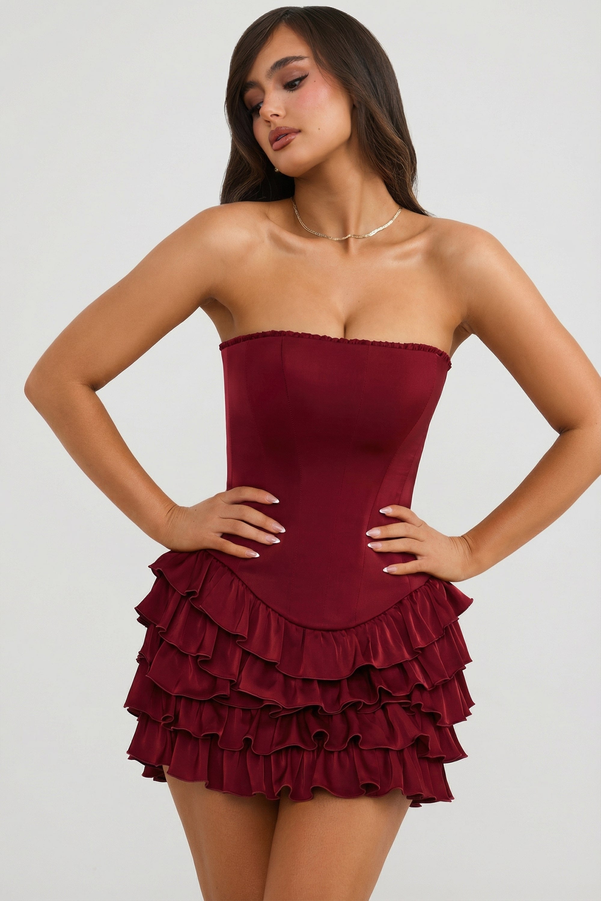 Juliet Bandeau Ruffled Tiered Corset Mini Dress in Berry Red